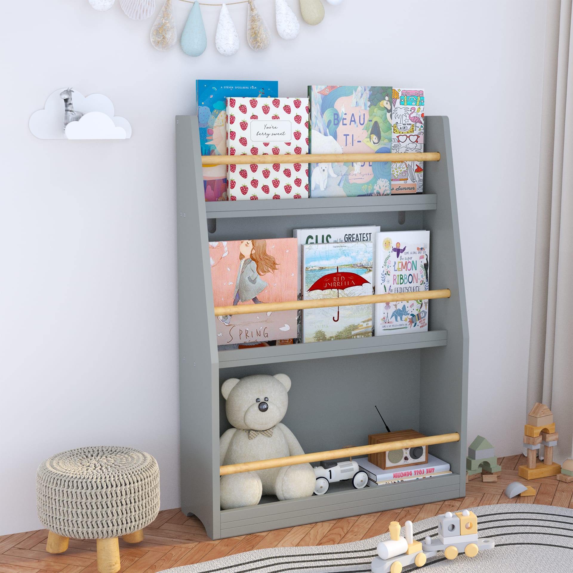 3 Tier Kids Book Shelf,Kids Book Rack, Helps Keep Bedrooms, Playrooms, And Classrooms Organized, Gray view 2