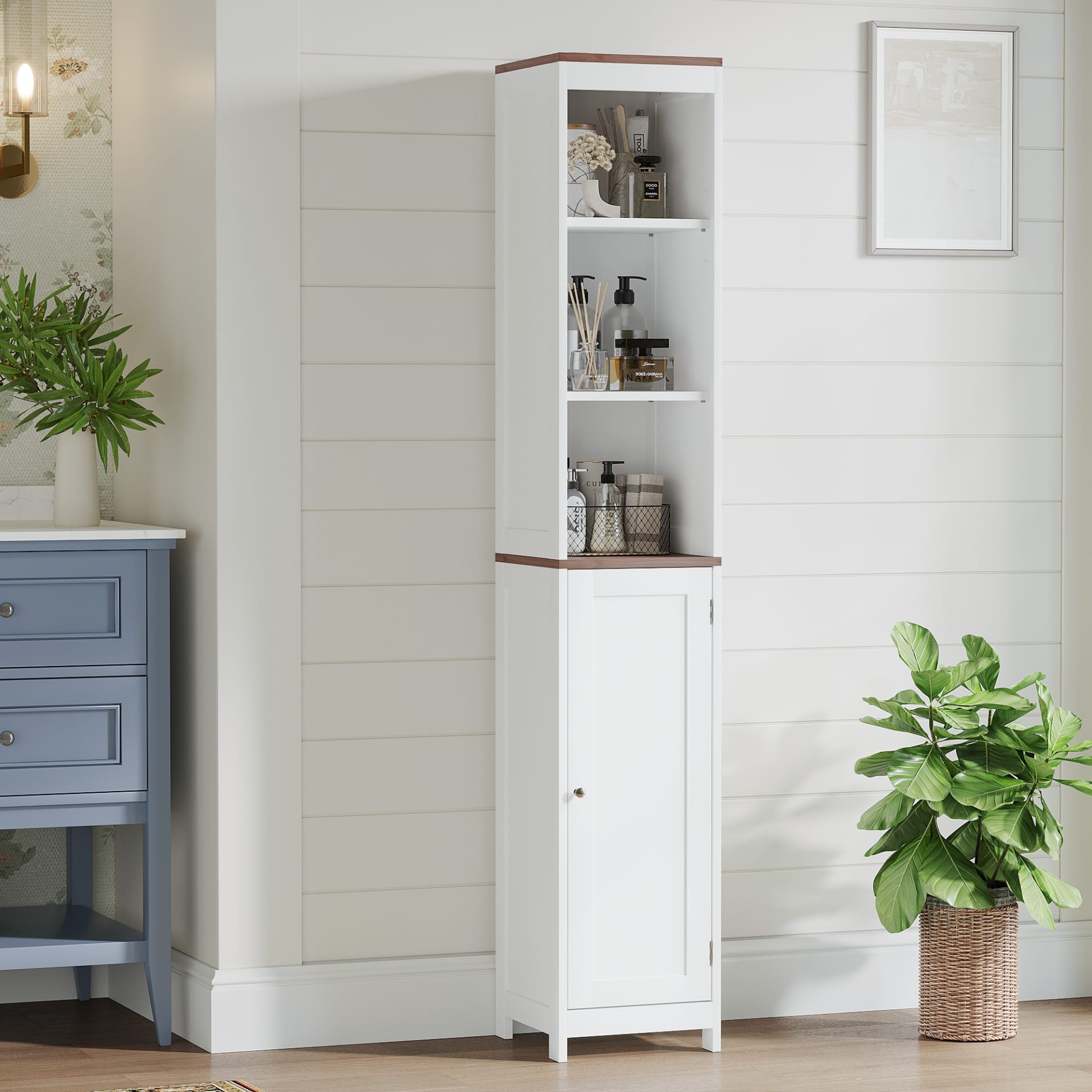 Tall Bathroom Storage Cabinet With Reversible Door, Freestanding Linen Tower With Open Shelves And Enclosed Cabinet, Narrow Floor Cabinet Organizer For Bathroom, Laundry Room Or Small Spaces White view 3