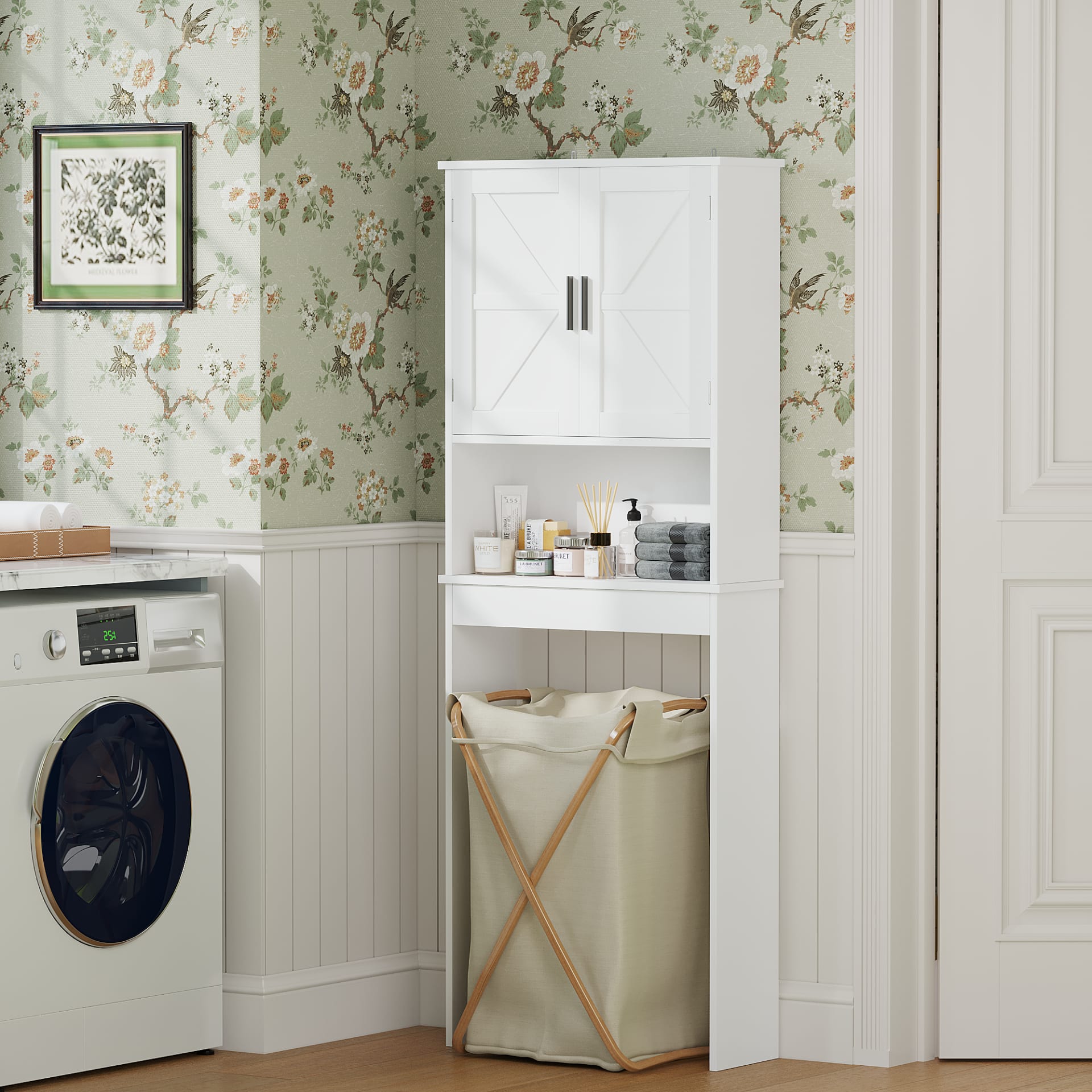 Over The Toilet Storage Cabinet With Adjustable Shelf, Bathroom Space Saver Organizer With Double Doors And Open Shelf, Freestanding Toilet Rack For Small Bathroom  White view 1