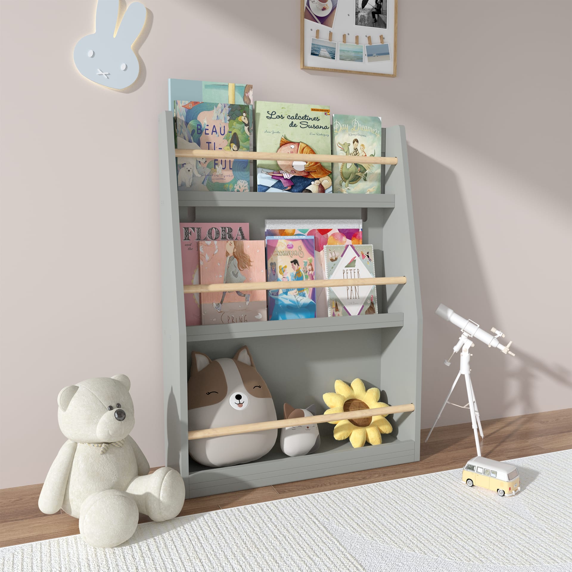 3 Tier Kids Book Shelf,Kids Book Rack, Helps Keep Bedrooms, Playrooms, And Classrooms Organized, Gray view 4
