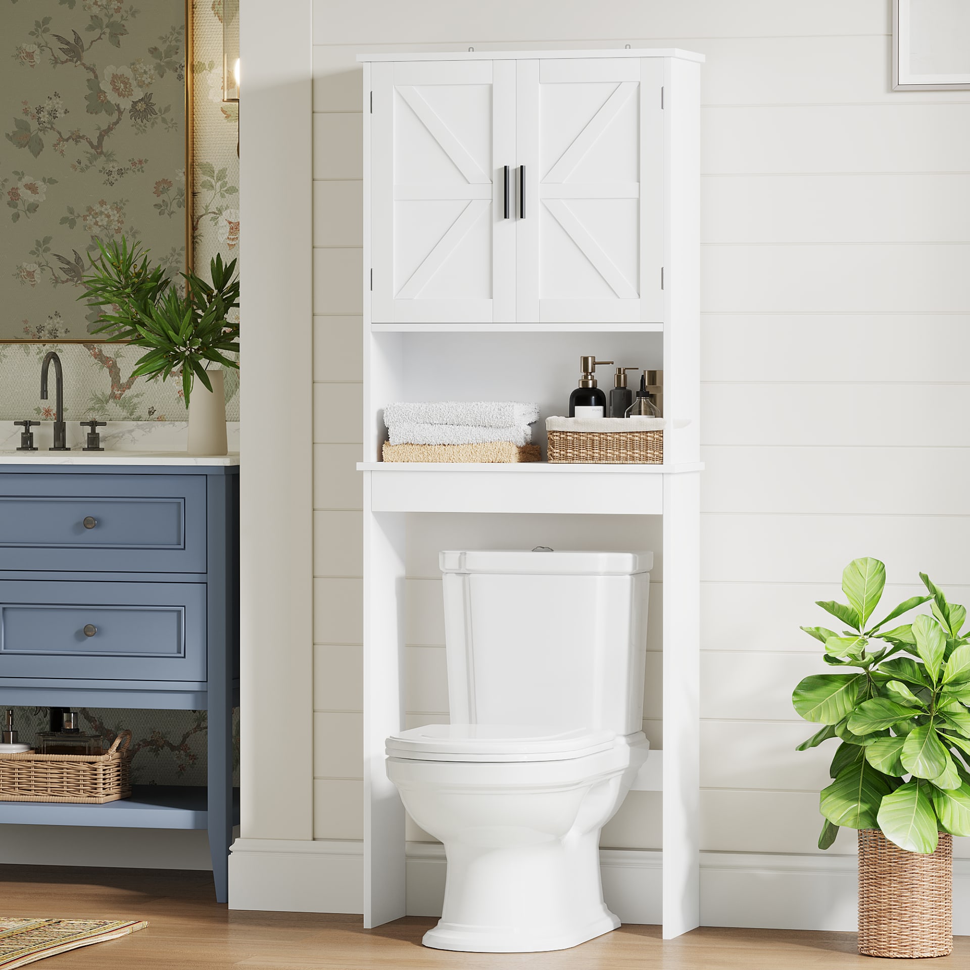 Over The Toilet Storage Cabinet With Adjustable Shelf, Bathroom Space Saver Organizer With Double Doors And Open Shelf, Freestanding Toilet Rack For Small Bathroom  White view 2