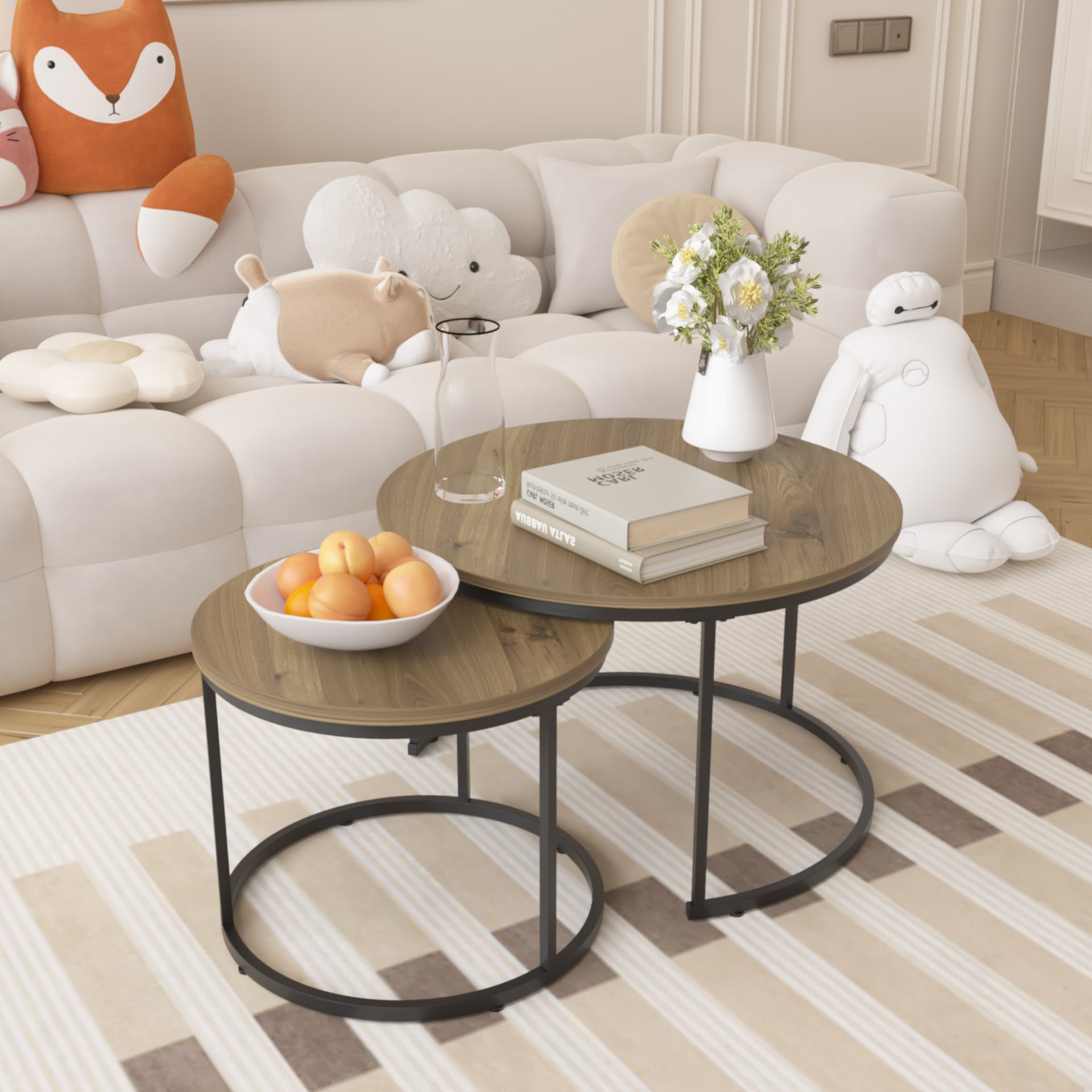 Nesting Coffee Table Set Of 2, 27.6inch Round Coffee Table Industrial Wood Finish With Sturdy Metal Frame, End Table Side Tables For Living Room Bedroom Balcony Yard Brown view 5