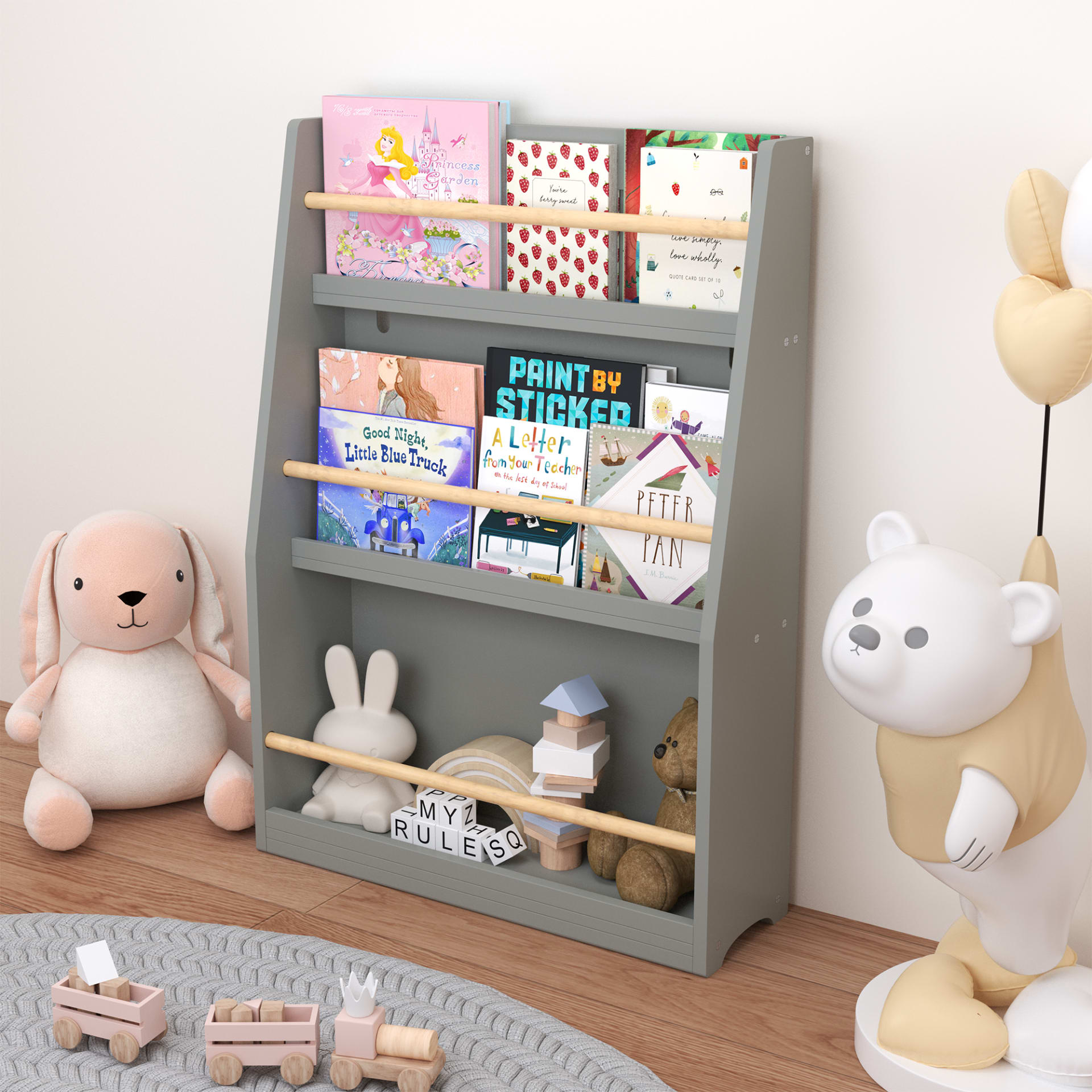3 Tier Kids Book Shelf,Kids Book Rack, Helps Keep Bedrooms, Playrooms, And Classrooms Organized, Gray