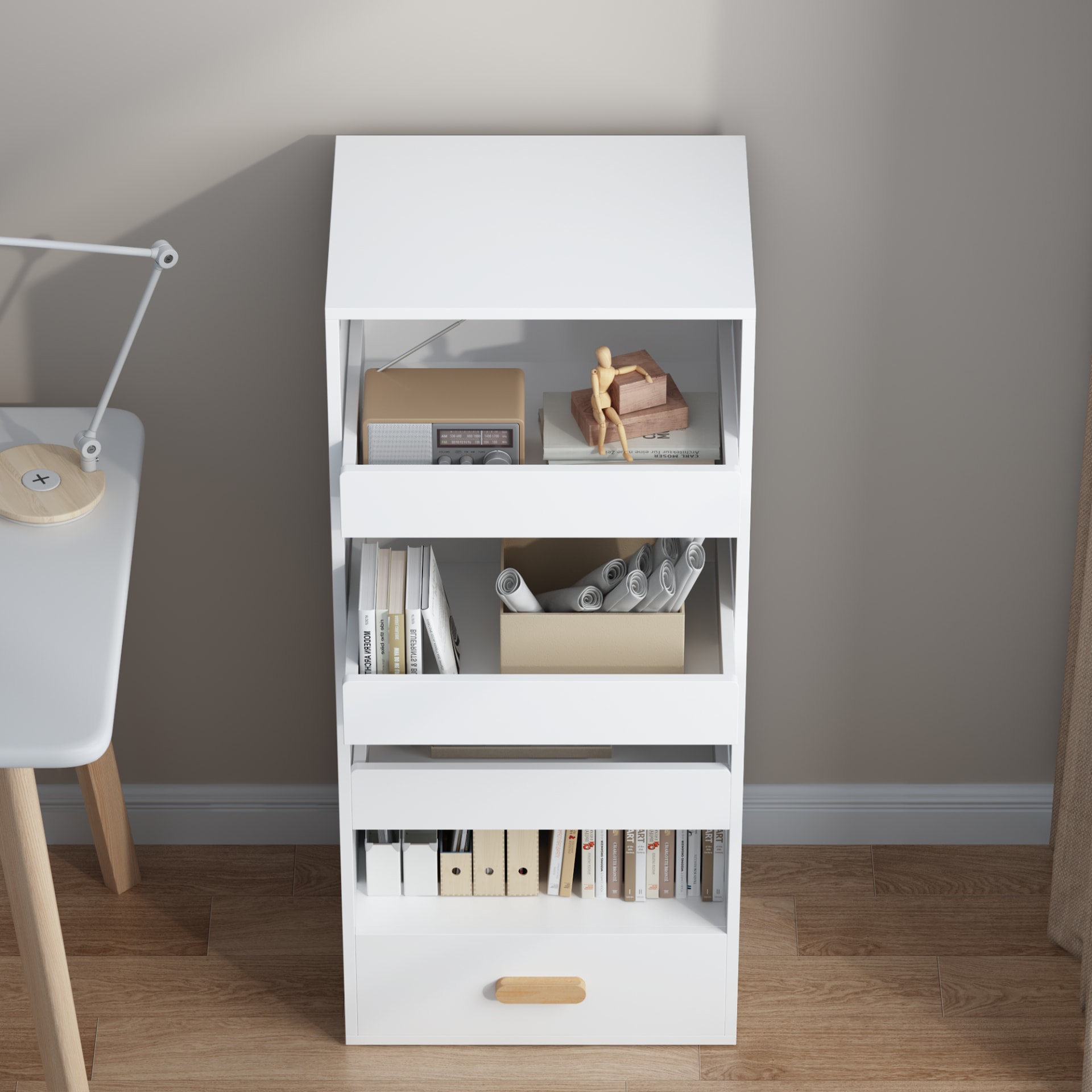 4-Tier Freestanding Bookshelf With 3 Sliding Drawers And 1 Bottom Drawer