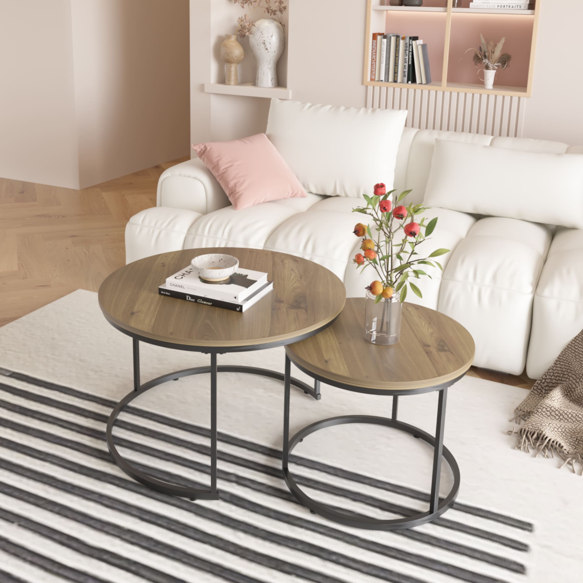 Nesting Coffee Table Set Of 2, 27.6inch Round Coffee Table Industrial Wood Finish With Sturdy Metal Frame, End Table Side Tables For Living Room Bedroom Balcony Yard Brown view 3