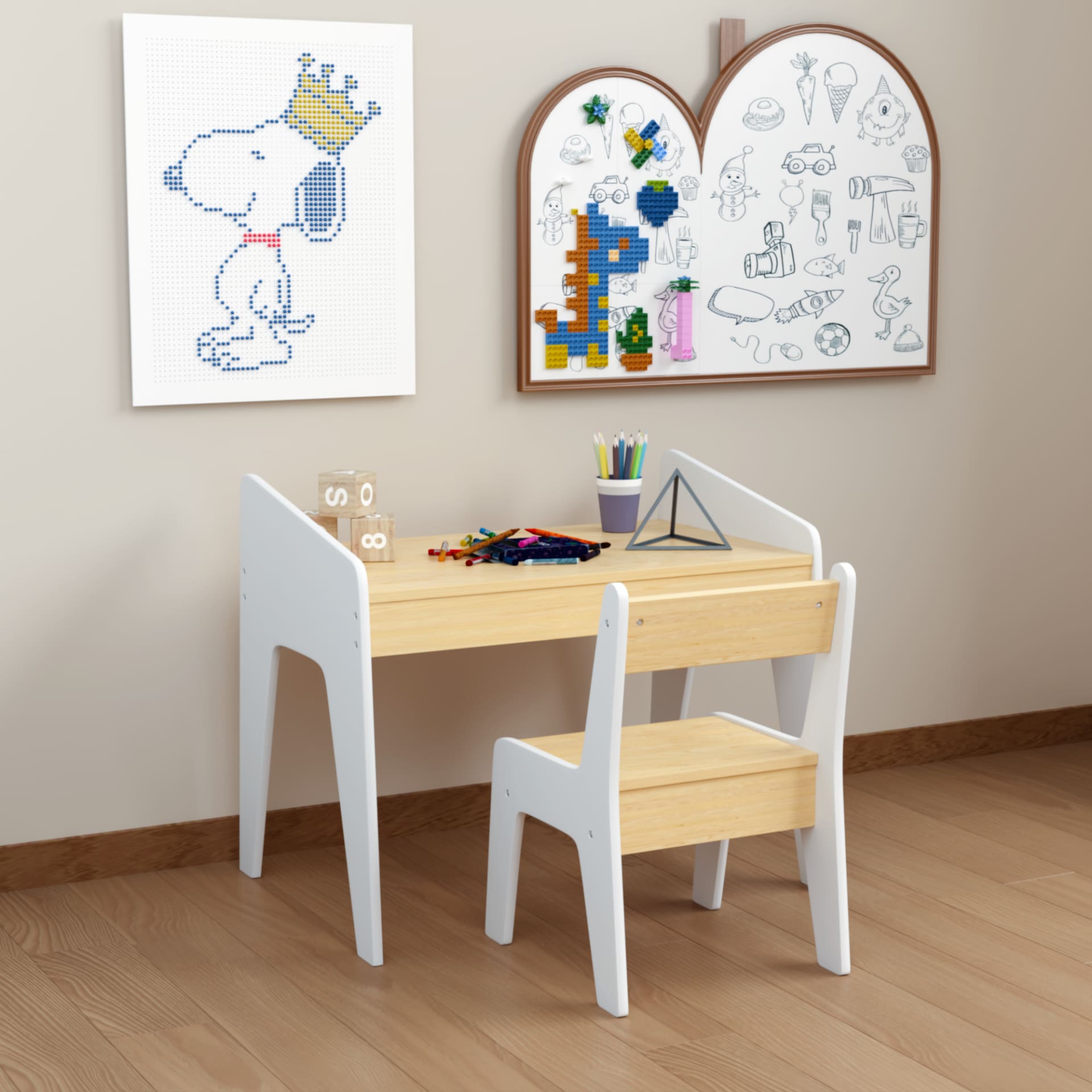 Kids Table Set With One Chair, Wooden Children Study Table, 2-8  Age Kids Funiture , White Natural view 5