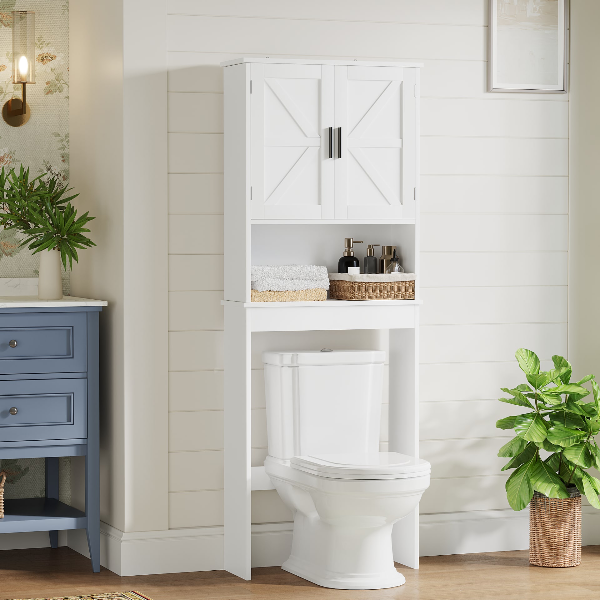 Over The Toilet Storage Cabinet With Adjustable Shelf, Bathroom Space Saver Organizer With Double Doors And Open Shelf, Freestanding Toilet Rack For Small Bathroom  White view 5