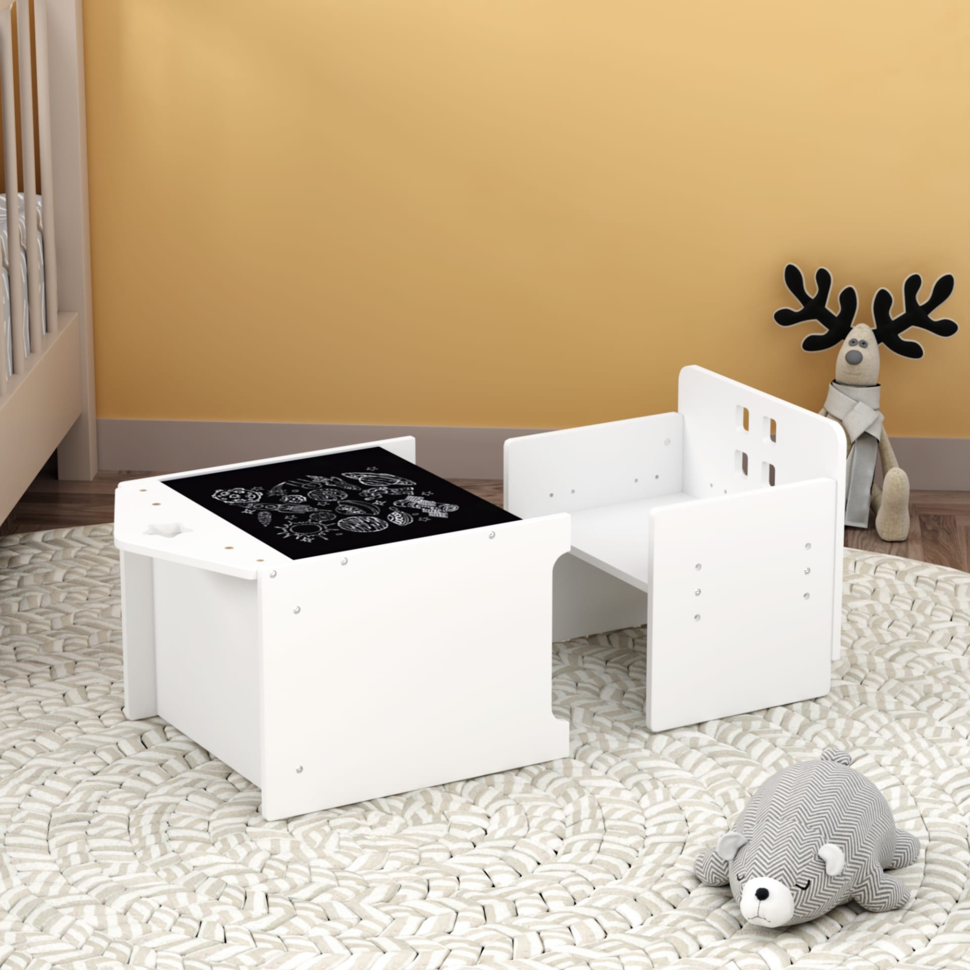 Kids Montessori Weaning Table And Chair Set, Wooden Toddler Table And Chair Set Kids Activity Table Step Stools With Blackboard & 3 Heights Adjustable, 1-3 Age Kids Funiture For Eating Drawing Reading view 5