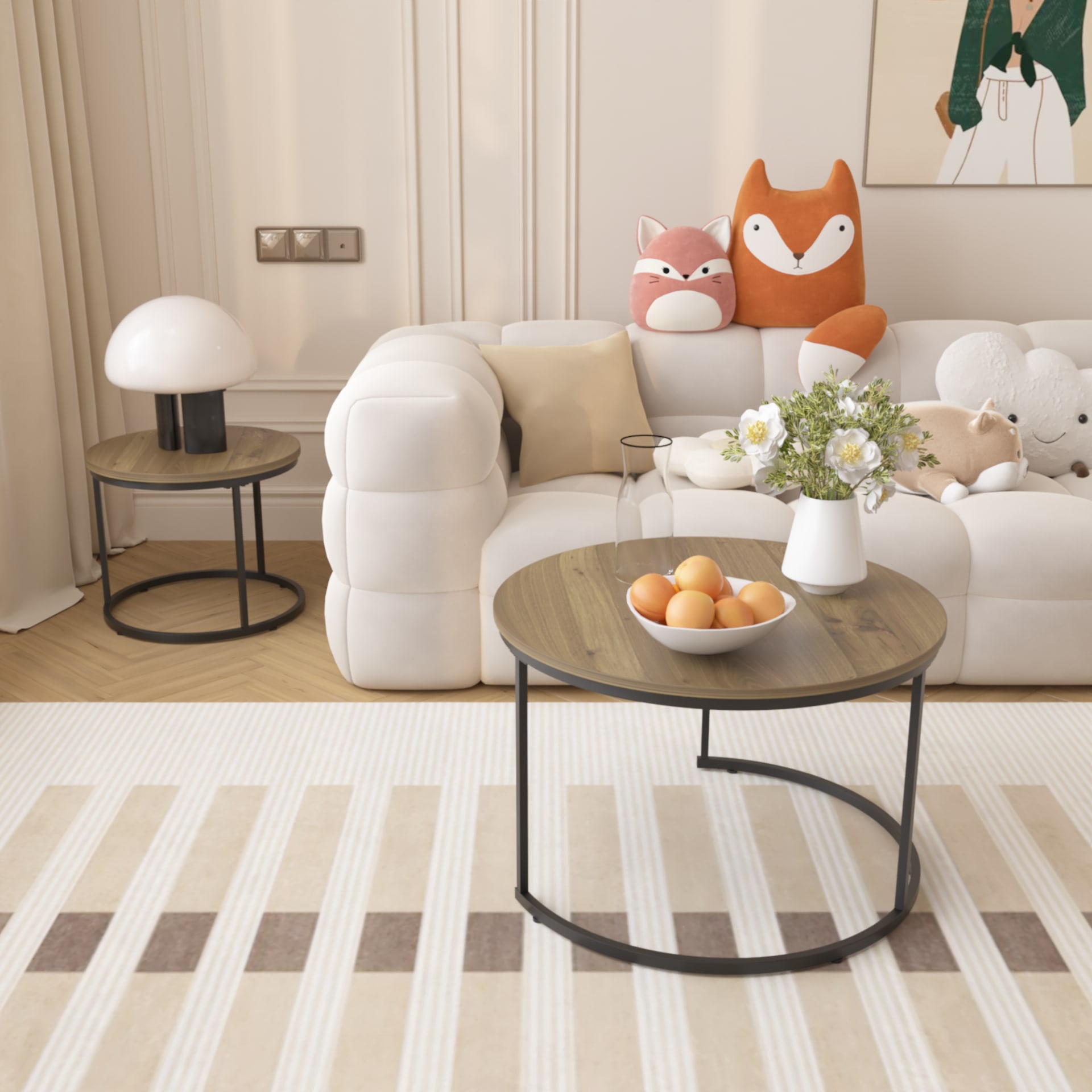 Nesting Coffee Table Set Of 2, 27.6inch Round Coffee Table Industrial Wood Finish With Sturdy Metal Frame, End Table Side Tables For Living Room Bedroom Balcony Yard Brown view 2