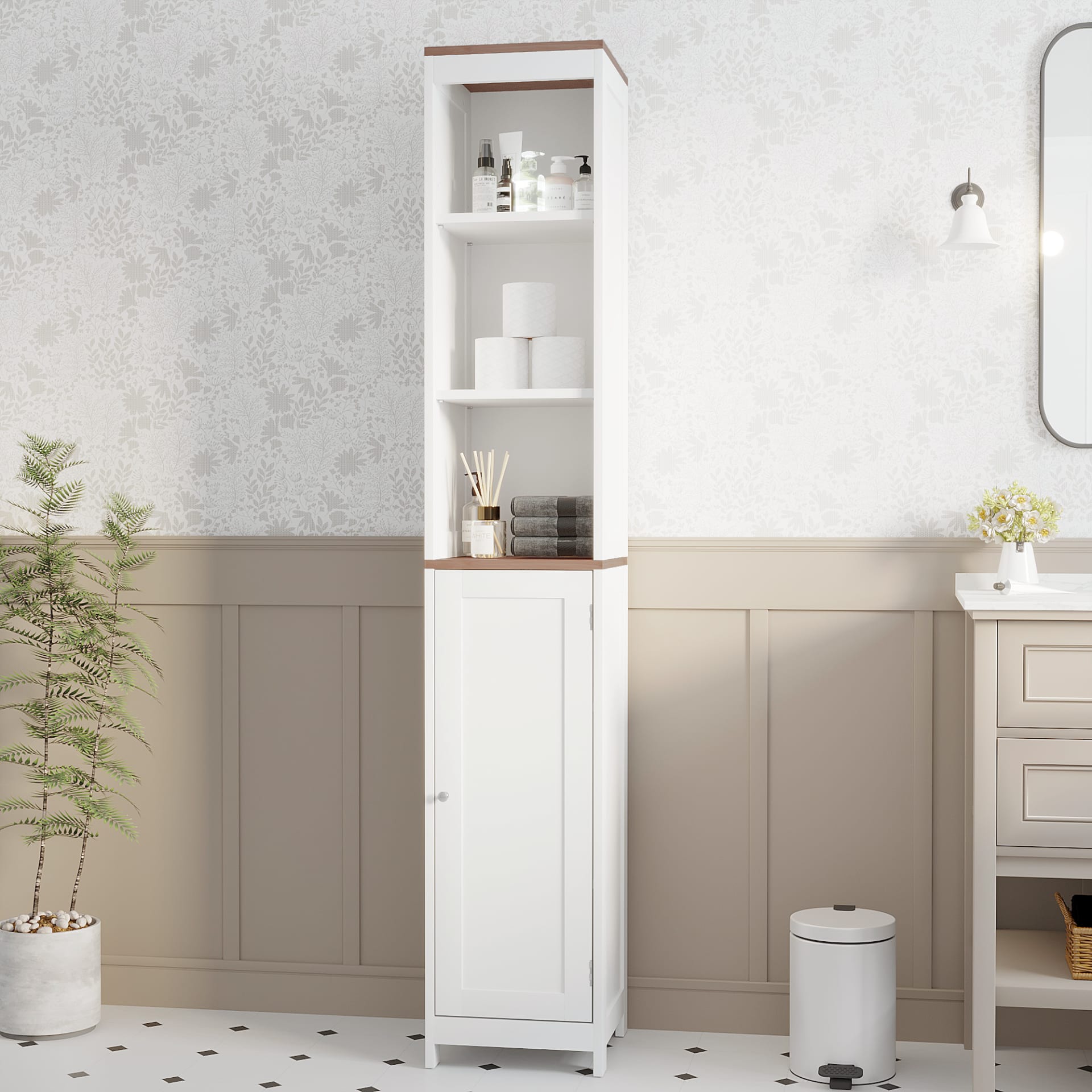 Tall Bathroom Storage Cabinet With Reversible Door, Freestanding Linen Tower With Open Shelves And Enclosed Cabinet, Narrow Floor Cabinet Organizer For Bathroom, Laundry Room Or Small Spaces White view 4