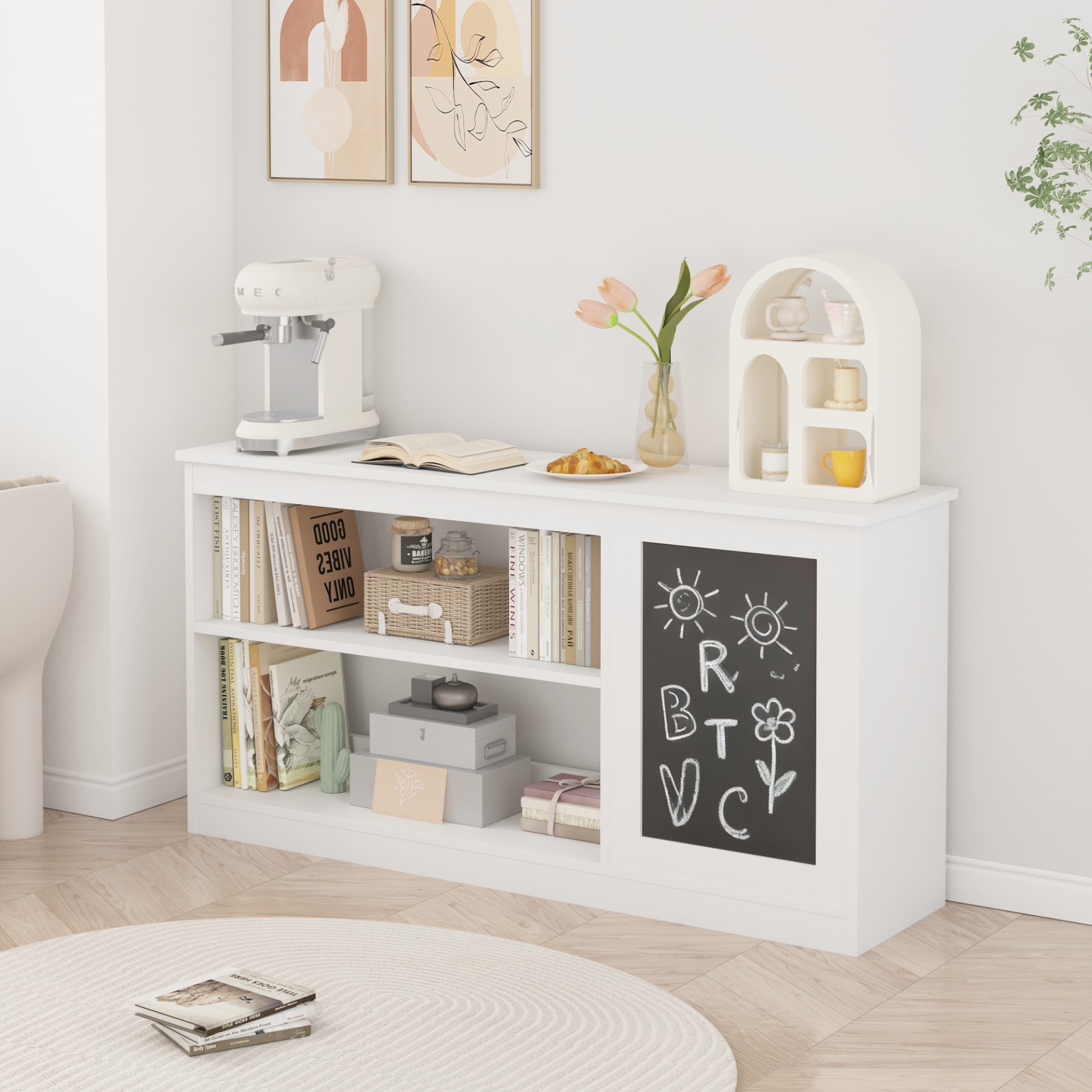 3-in-1 Kids Bookshelf And Toy Storage Cabinet With Chalkboard  Modern White Organizer For Playroom view 3