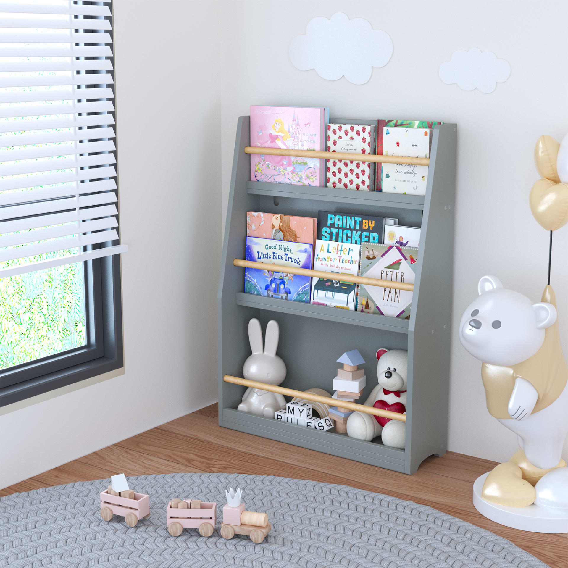 3 Tier Kids Book Shelf,Kids Book Rack, Helps Keep Bedrooms, Playrooms, And Classrooms Organized, Gray view 3