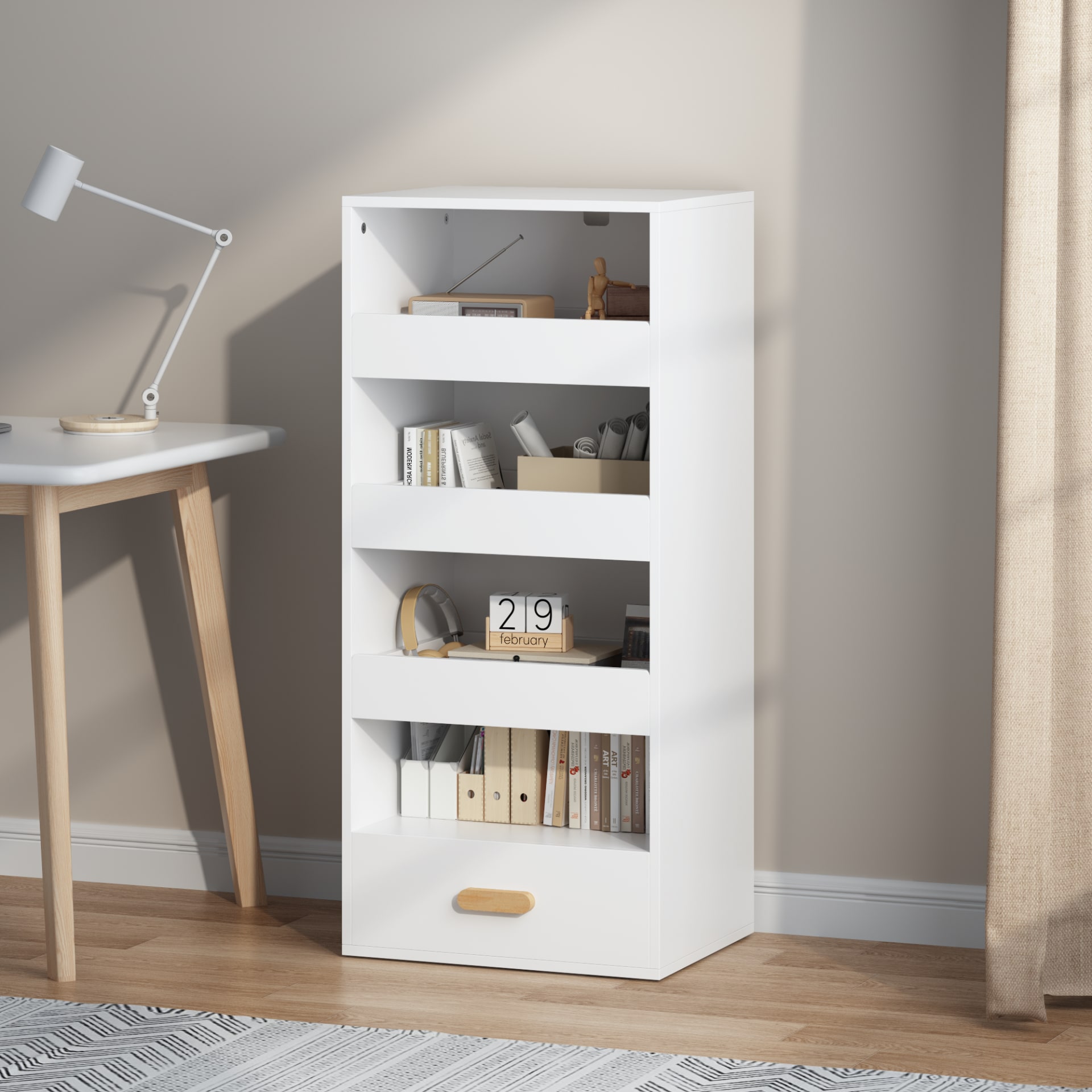 4-Tier Freestanding Bookshelf With 3 Sliding Drawers And 1 Bottom Drawer view 3