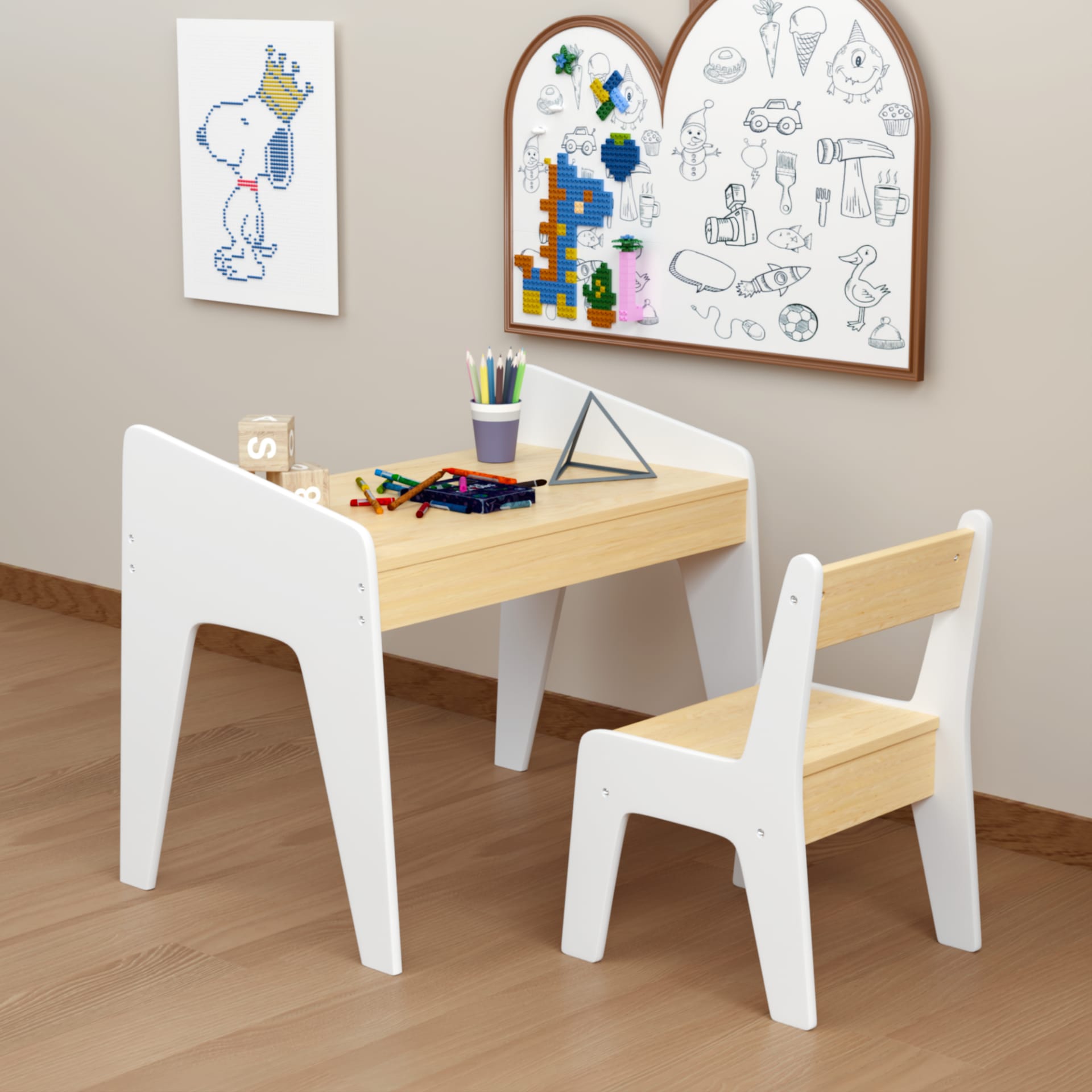 Kids Table Set With One Chair, Wooden Children Study Table, 2-8  Age Kids Funiture , White Natural view 1