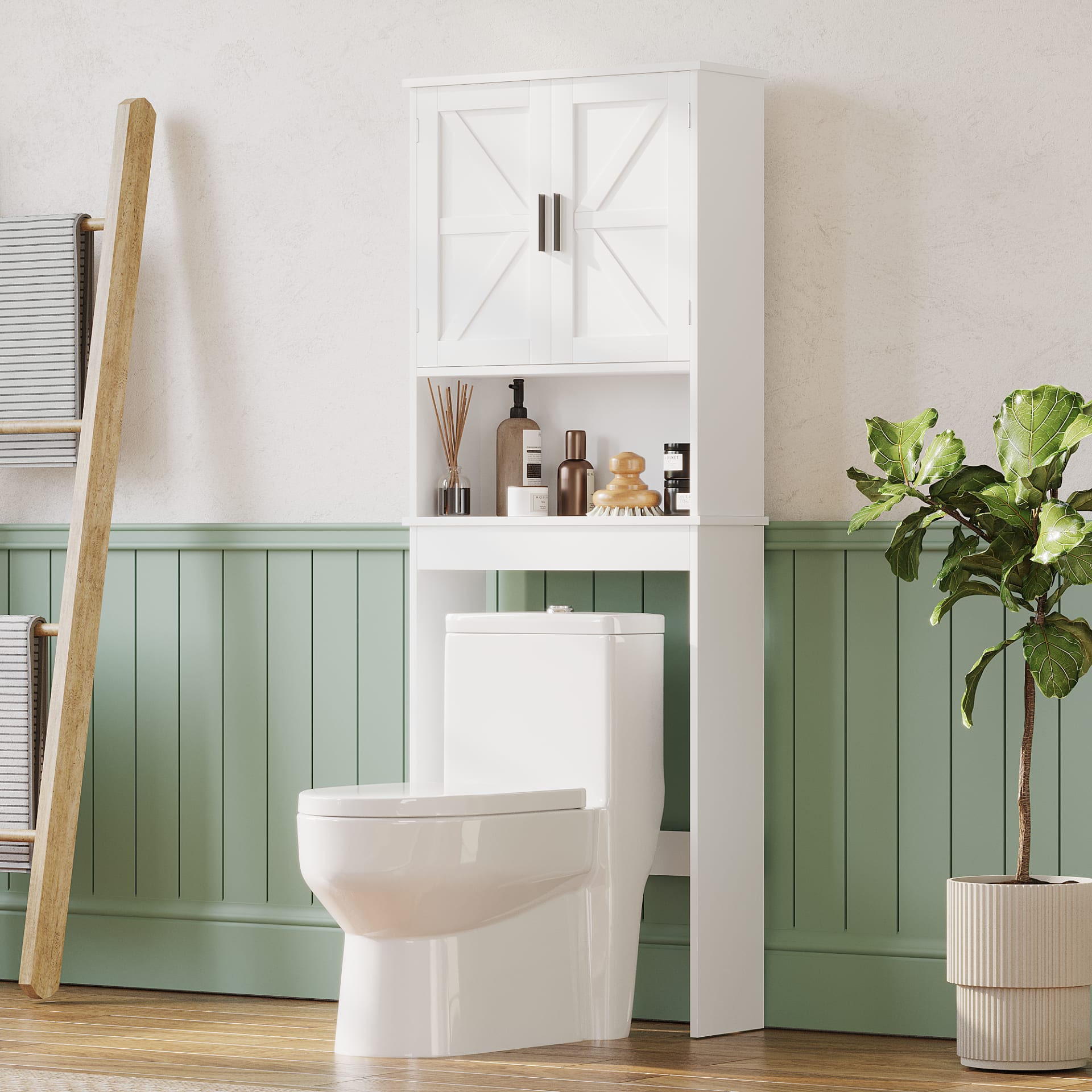 Over The Toilet Storage Cabinet With Adjustable Shelf, Bathroom Space Saver Organizer With Double Doors And Open Shelf, Freestanding Toilet Rack For Small Bathroom  White view 3