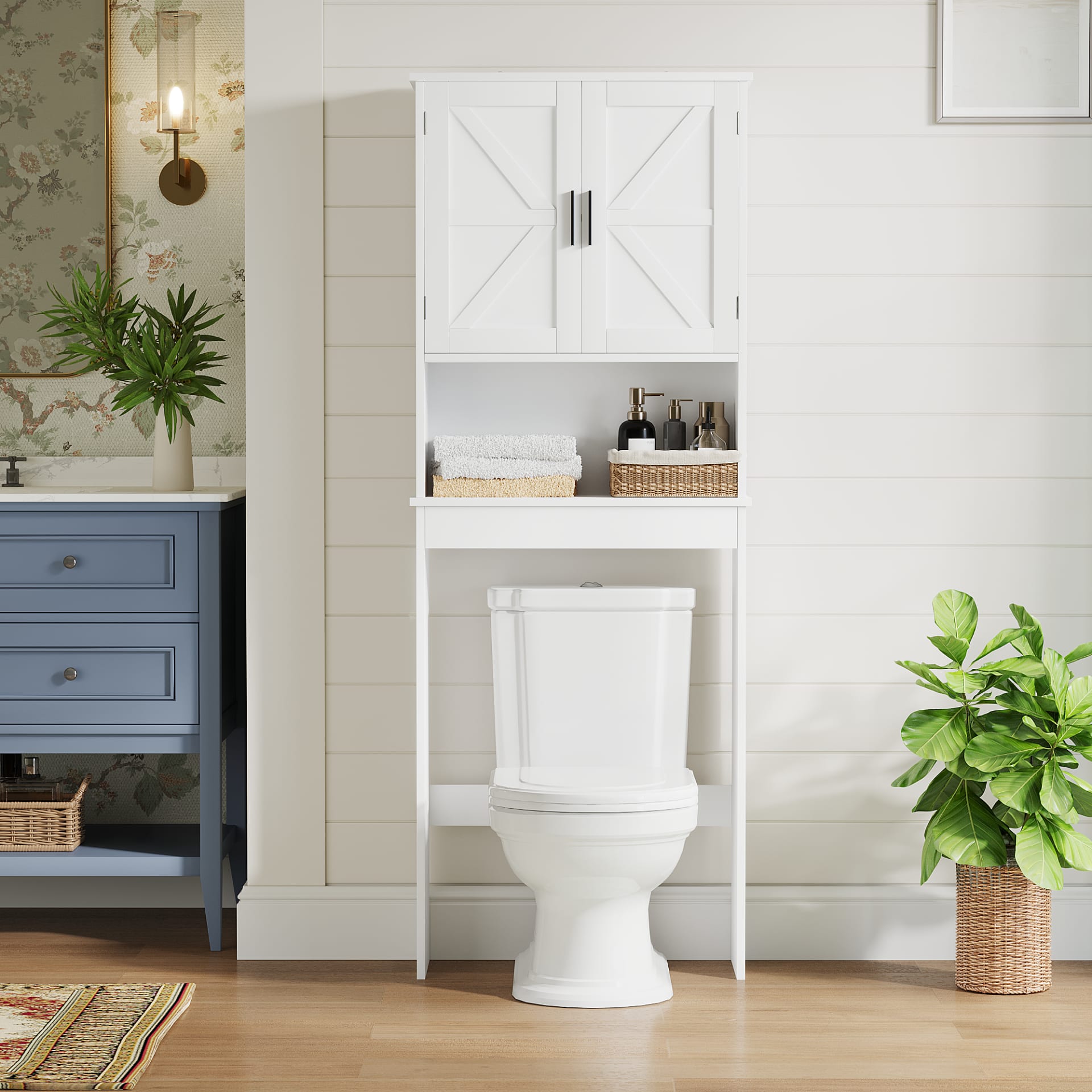 Over The Toilet Storage Cabinet With Adjustable Shelf, Bathroom Space Saver Organizer With Double Doors And Open Shelf, Freestanding Toilet Rack For Small Bathroom  White view 4