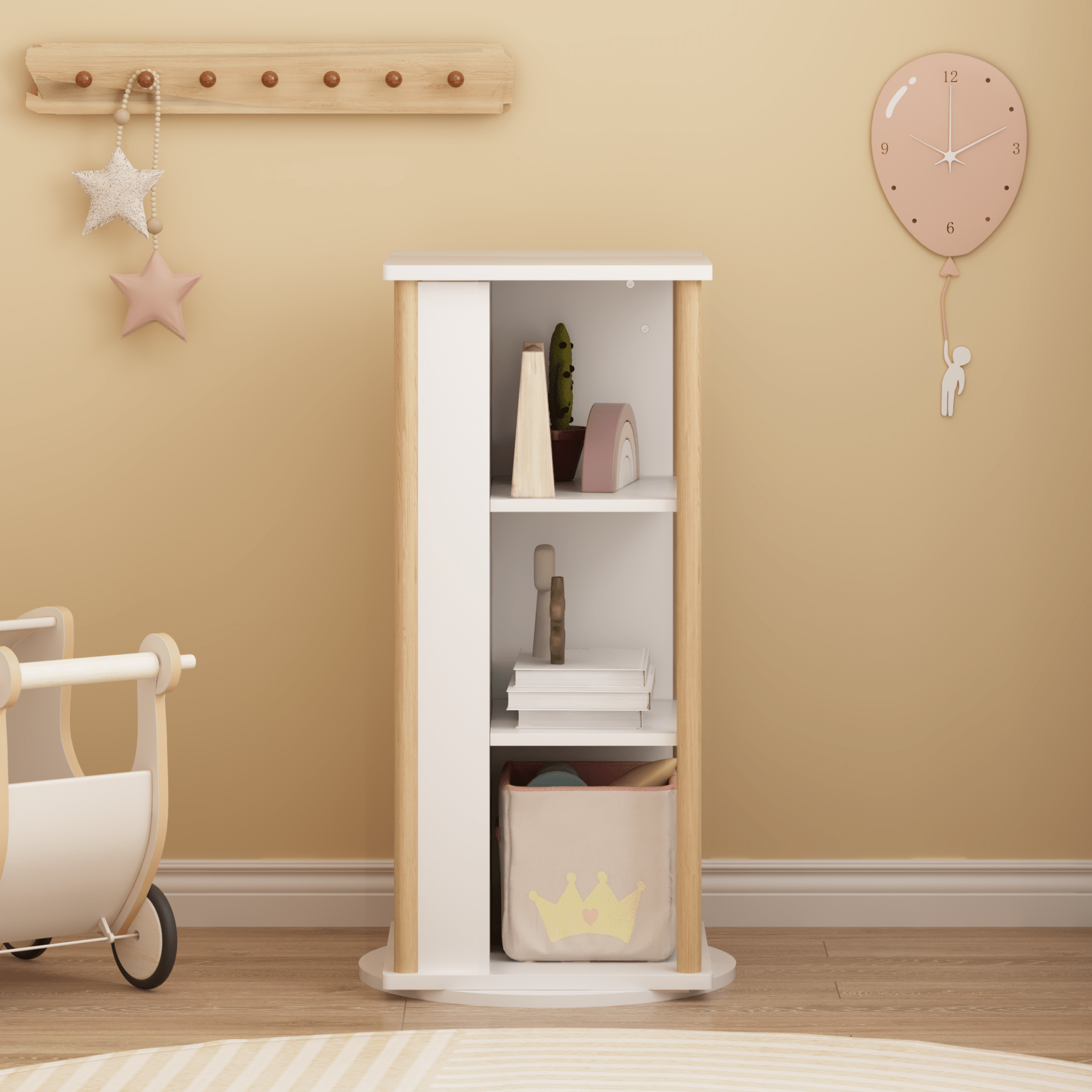 360 Rotating Kids Bookshelf With Chalkboard, 3-Tier Wood Floor Revolving Bookcase & Toy Storage Organizer, Picture Book Display Stand For Toddlers, Nursery & Playroom, White And Natural view 2
