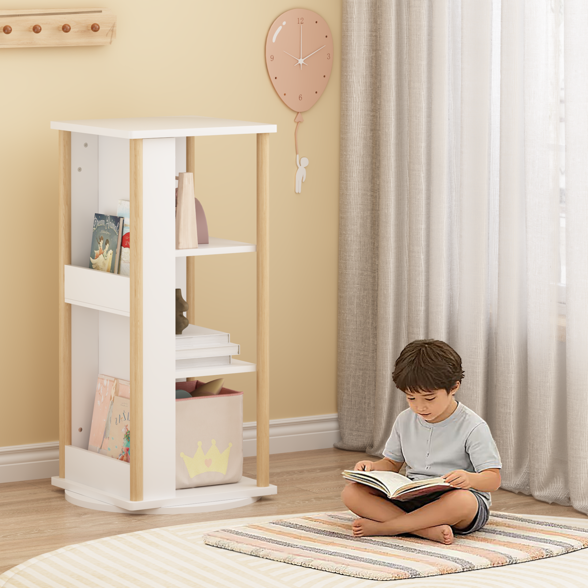 360 Rotating Kids Bookshelf With Chalkboard, 3-Tier Wood Floor Revolving Bookcase & Toy Storage Organizer, Picture Book Display Stand For Toddlers, Nursery & Playroom, White And Natural view 1