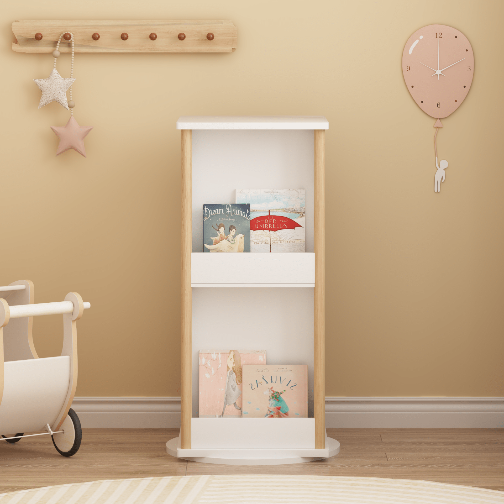 360 Rotating Kids Bookshelf With Chalkboard, 3-Tier Wood Floor Revolving Bookcase & Toy Storage Organizer, Picture Book Display Stand For Toddlers, Nursery & Playroom, White And Natural view 5