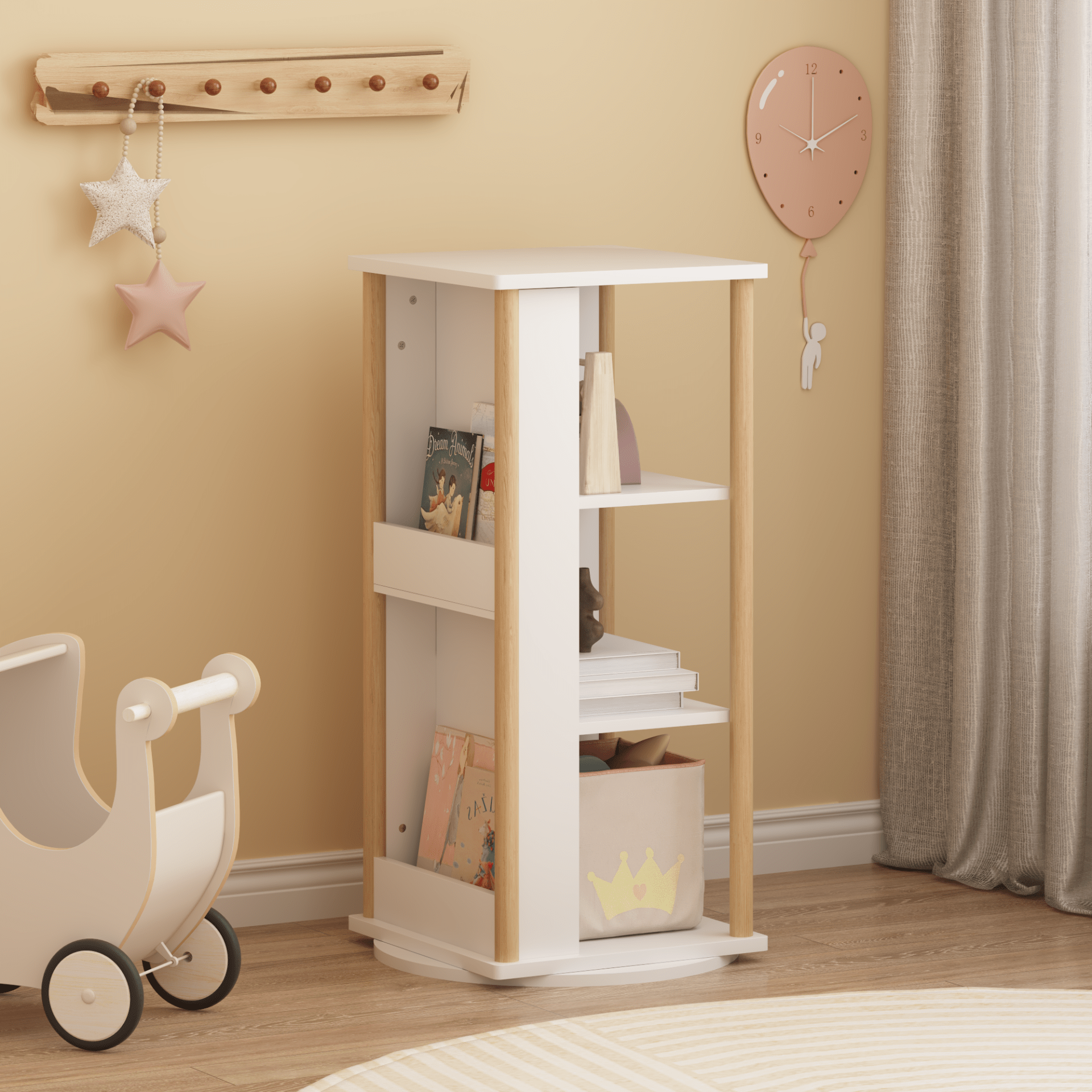 360 Rotating Kids Bookshelf With Chalkboard, 3-Tier Wood Floor Revolving Bookcase & Toy Storage Organizer, Picture Book Display Stand For Toddlers, Nursery & Playroom, White And Natural view 4