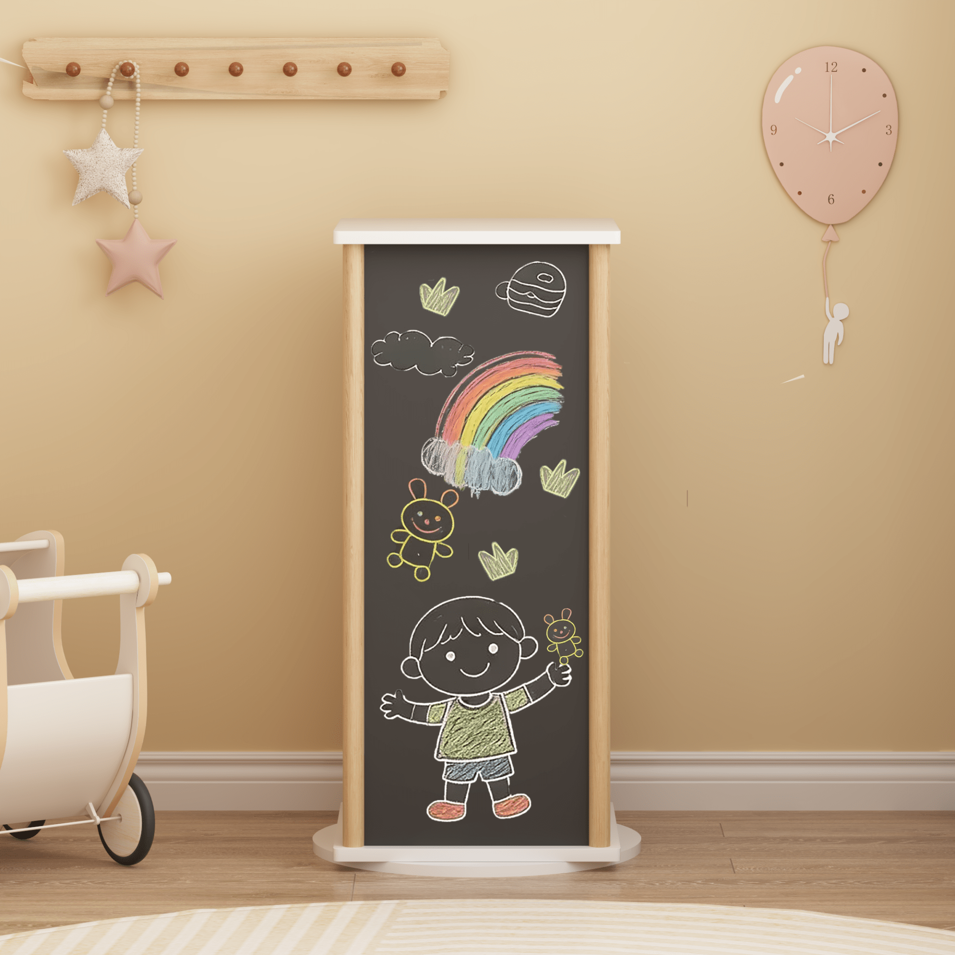 360 Rotating Kids Bookshelf With Chalkboard, 3-Tier Wood Floor Revolving Bookcase & Toy Storage Organizer, Picture Book Display Stand For Toddlers, Nursery & Playroom, White And Natural view 3