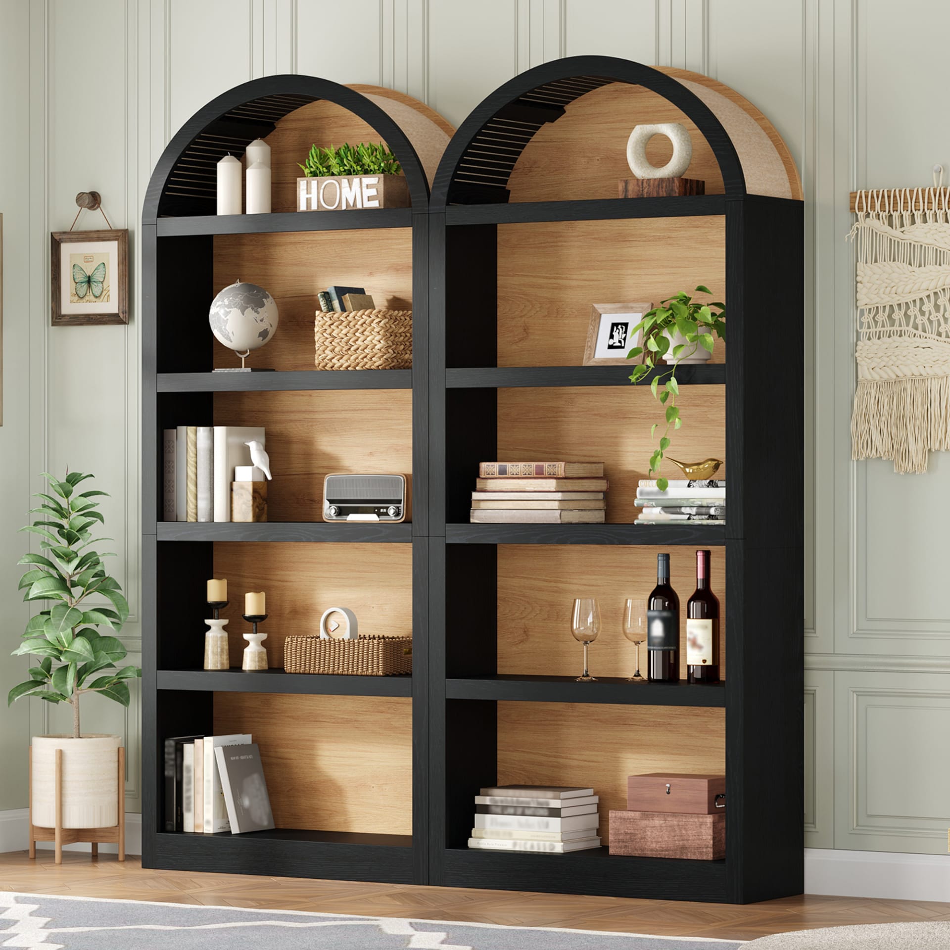 ON-TREND Freestanding Tall Bookshelves Set Of 2, Farmhouse Two-Tone Open Storage Cabinet With Fabric Arched Top, 5-Tier Display Bookcase For Living Room, Bedroom, Home Office, Black Natural view 5