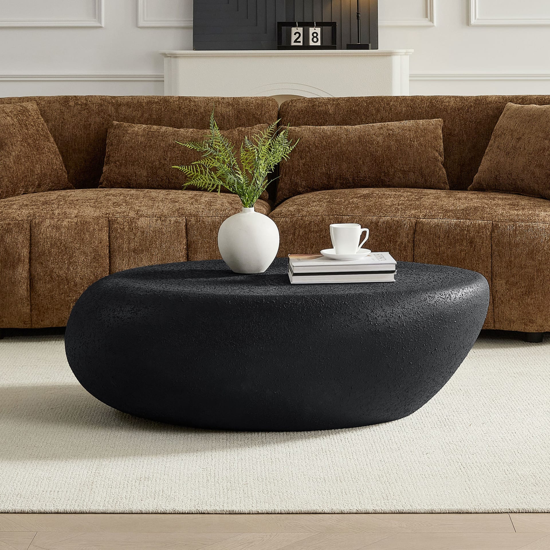 43.31''Fiberglass Elliptical Coffee Table For Living Room Vintage Table,Matte Rocks Table Front Of The Sofa, Irregular Center Table,No Need Assembly,Black
