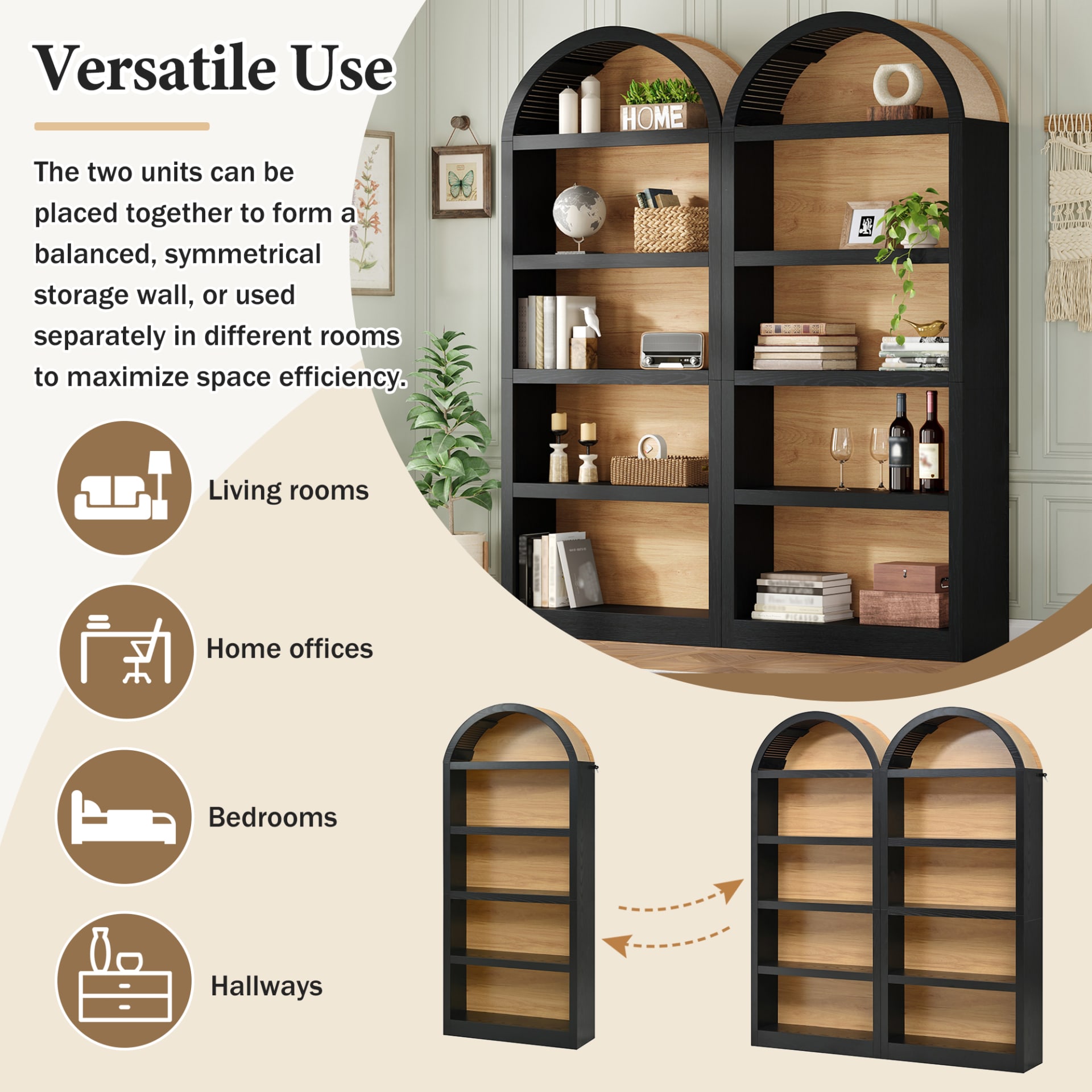 ON-TREND Freestanding Tall Bookshelves Set Of 2, Farmhouse Two-Tone Open Storage Cabinet With Fabric Arched Top, 5-Tier Display Bookcase For Living Room, Bedroom, Home Office, Black Natural