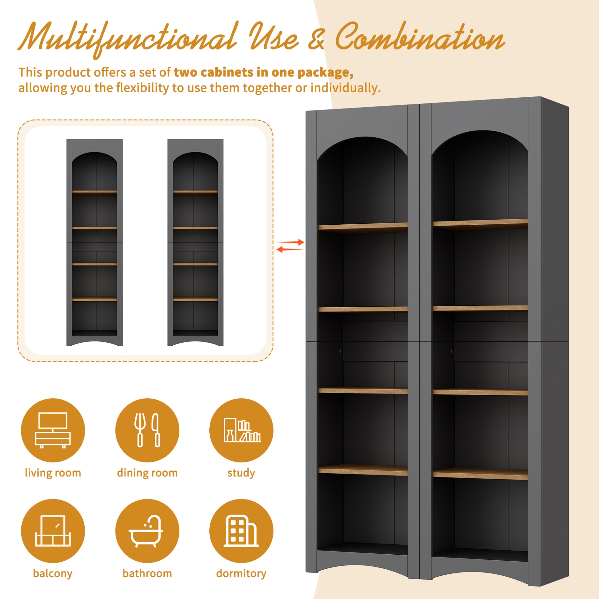 ON-TREND Free Standing 5 Tier Bookshelves, Bookcases Set Of 2, Farmhouse Two-Tone Storage Cabinet With Adjustable Shelves, Modern 72H Kitchen Pantry Cabinet For Living Room, Home Office, Grey view 1