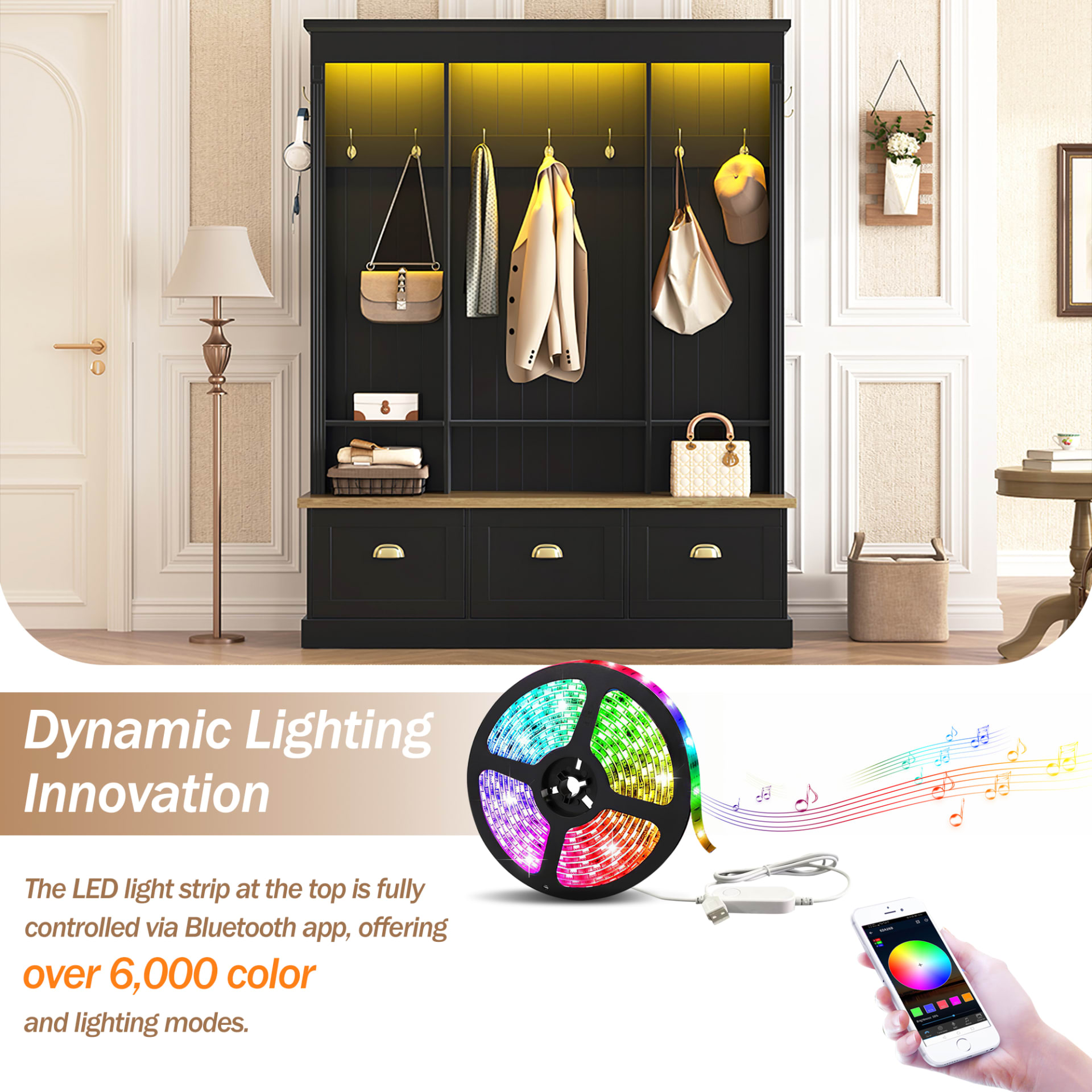 Elegant APP Controlled LED Light Hall Tree With 9 Hooks, Roman Column Design Natural Storage Bench With 3 Large Cabinets, Farmhouse Entryway Organizer With Shelves For Hallway, Black view 4
