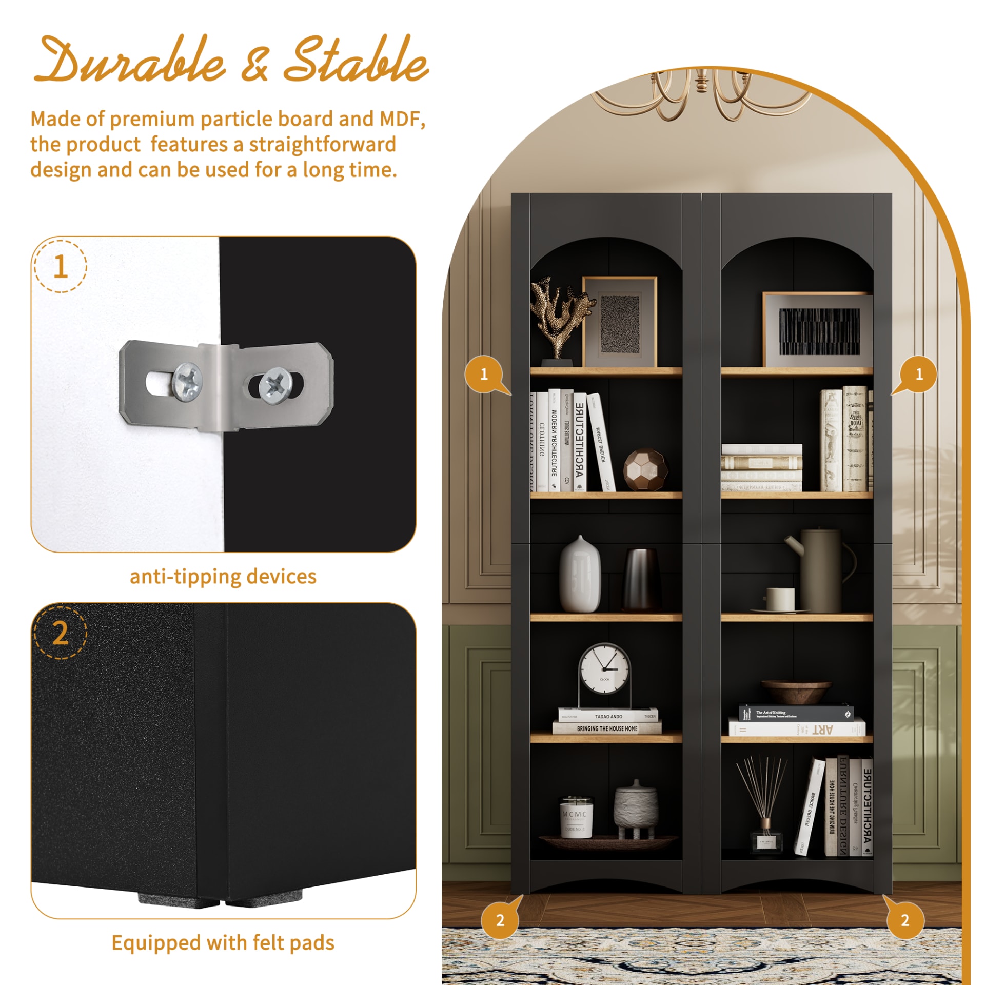 ON-TREND Free Standing 5 Tier Bookshelves, Bookcases Set Of 2, Farmhouse Two-Tone Storage Cabinet With Adjustable Shelves, Modern 72H Kitchen Pantry Cabinet For Living Room, Home Office, Black view 5