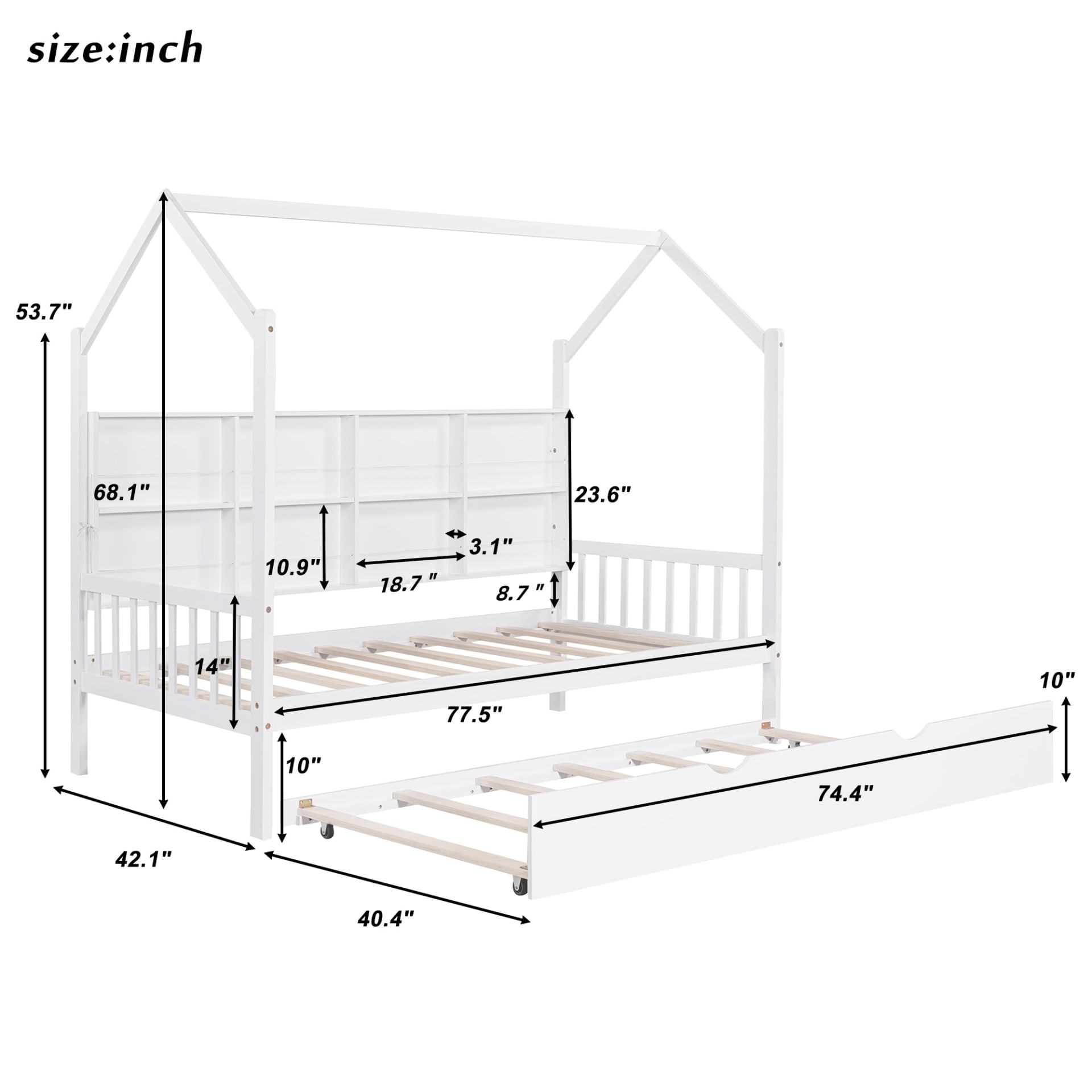 Wooden Twin Size House Bed With Trundle,Kids Bed With Shelf, White view 2