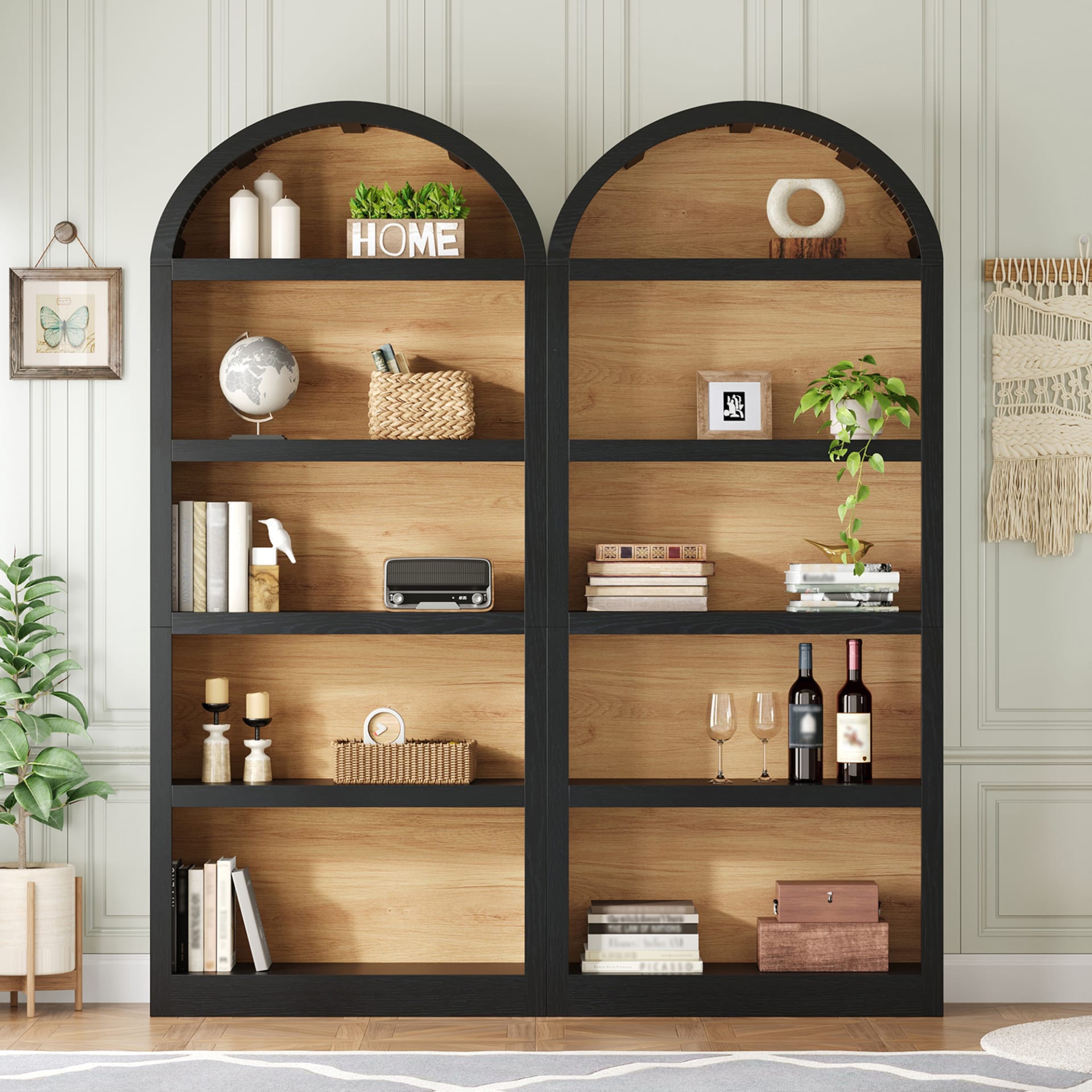 ON-TREND Freestanding Tall Bookshelves Set Of 2, Farmhouse Two-Tone Open Storage Cabinet With Fabric Arched Top, 5-Tier Display Bookcase For Living Room, Bedroom, Home Office, Black Natural view 3