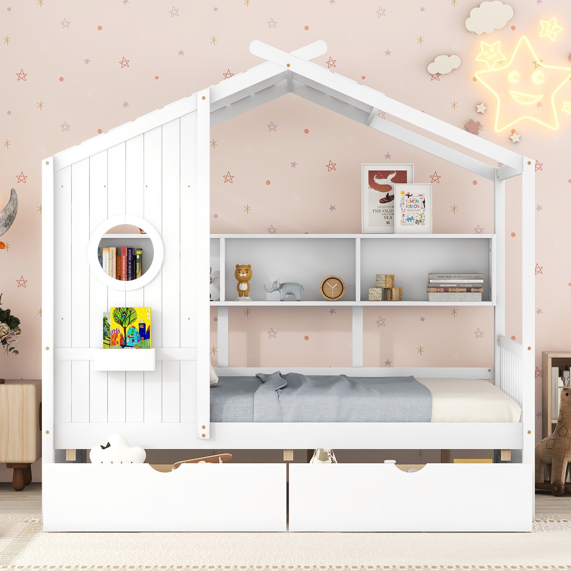 Wooden Full Size House Bed With 2 Drawers,Kids Bed With Storage Shelf, White view 3