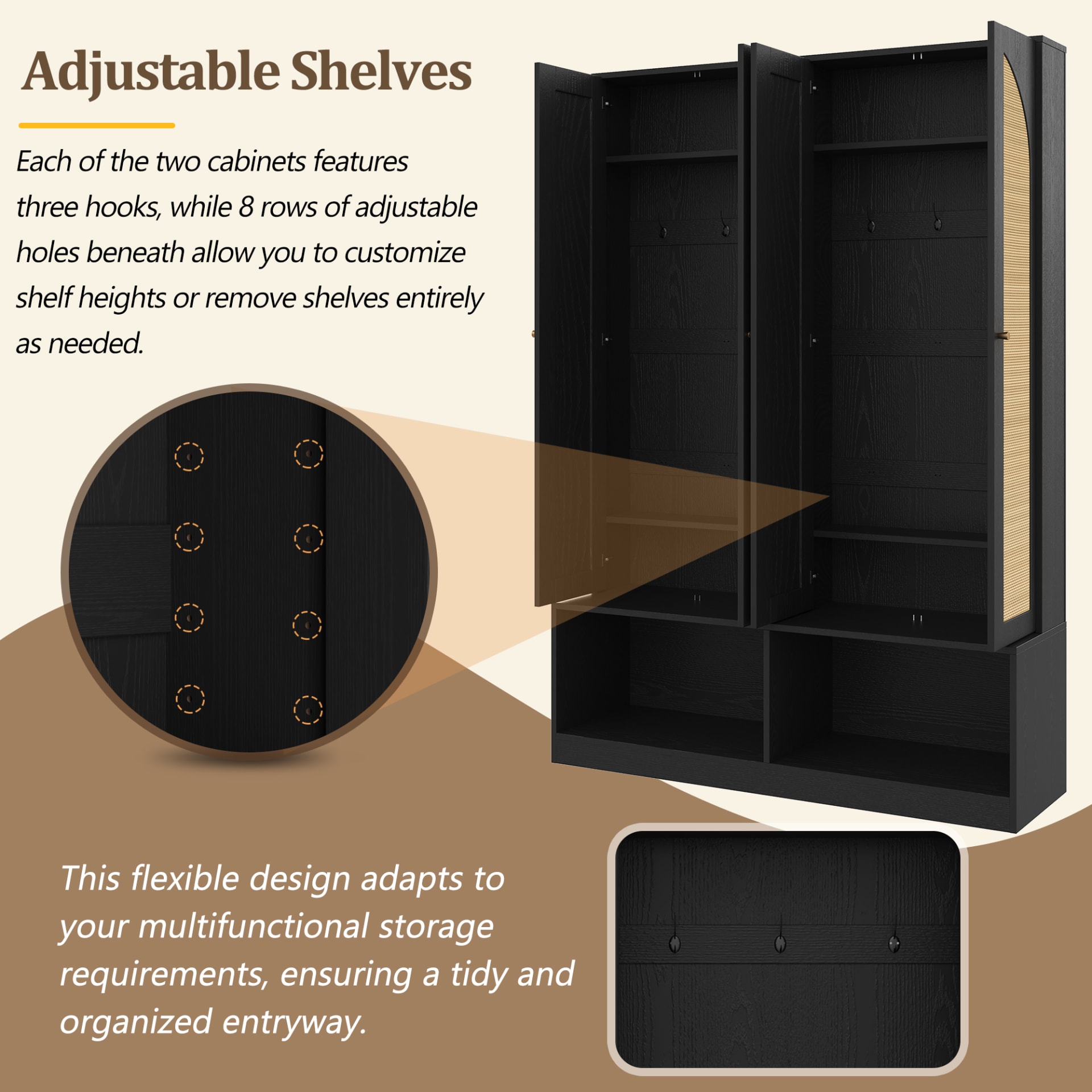 Farmhouse Hall Tree With Rattan Doors, Versatile 4-In-1 Seating Bench With 6 Hooks, Mid-Century Entryway Shoe Cabinet With Shelf For Living Room, Black, 55.1W view 2