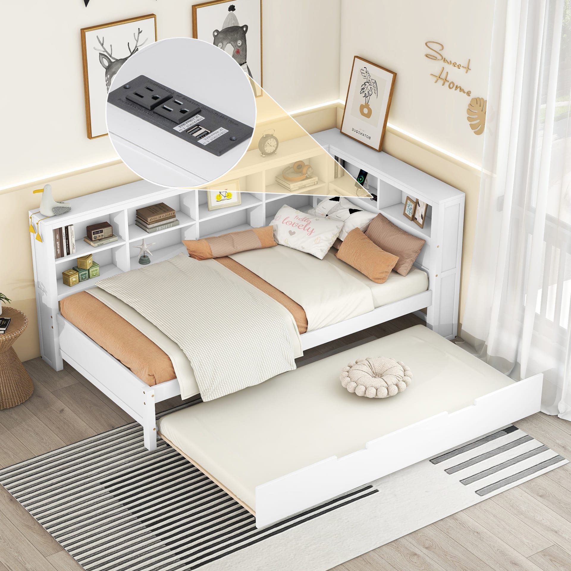 Wooden Twin Size DayBed With Twin Trundle, DayBed With Storage Shelf And USB Charging Ports,White view 4