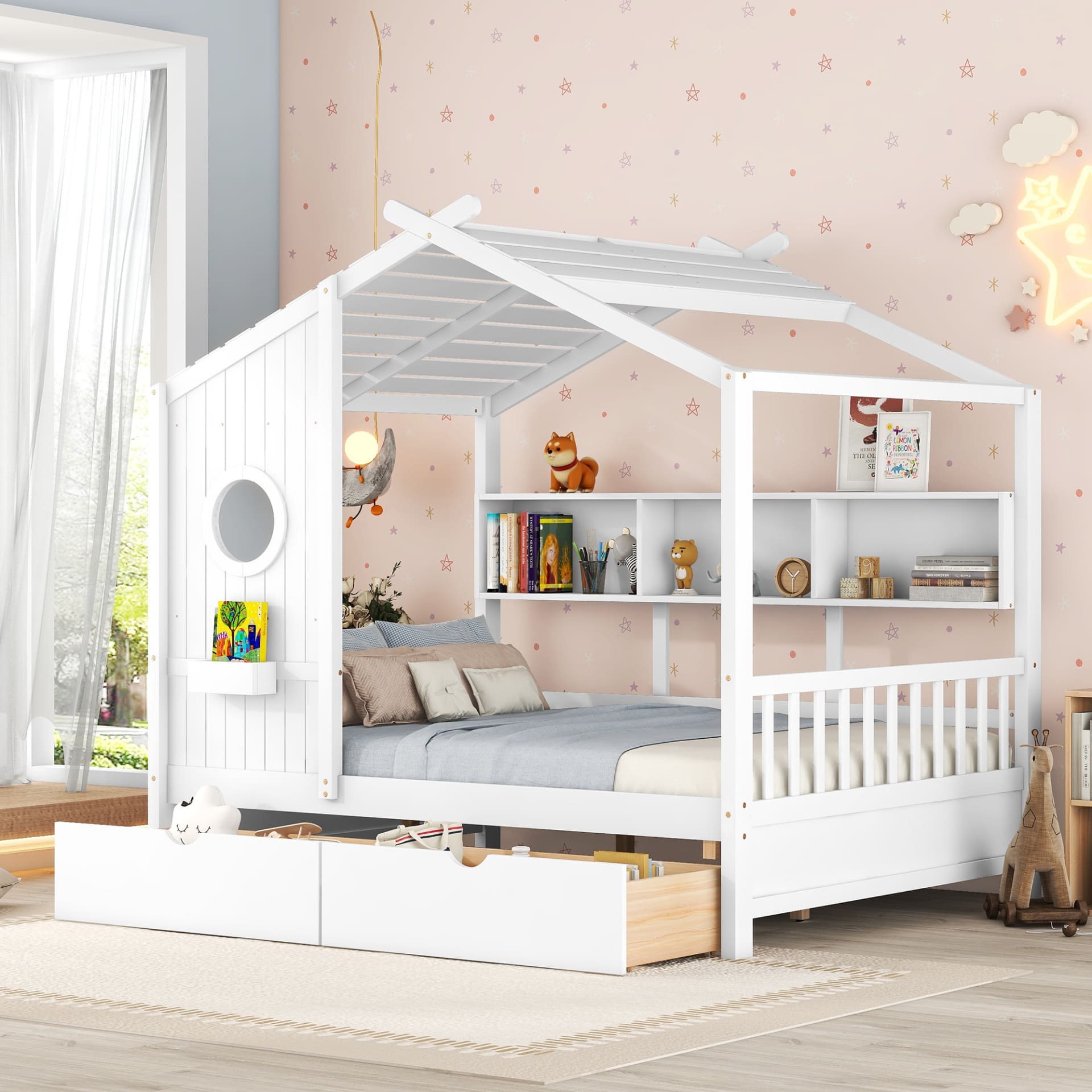 Wooden Full Size House Bed With 2 Drawers,Kids Bed With Storage Shelf, White view 4