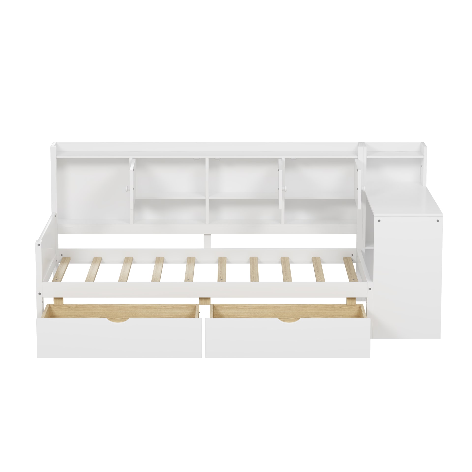 Wooden L-Shape Daybed With Seven Storage Cabinets And Two Storage Drawers, Multi-functional Bed With Study Desk And Built-in Bookshelf, White view 3