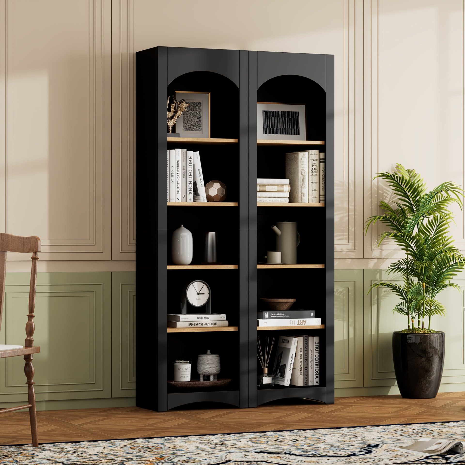 ON-TREND Free Standing 5 Tier Bookshelves, Bookcases Set Of 2, Farmhouse Two-Tone Storage Cabinet With Adjustable Shelves, Modern 72H Kitchen Pantry Cabinet For Living Room, Home Office, Black view 2