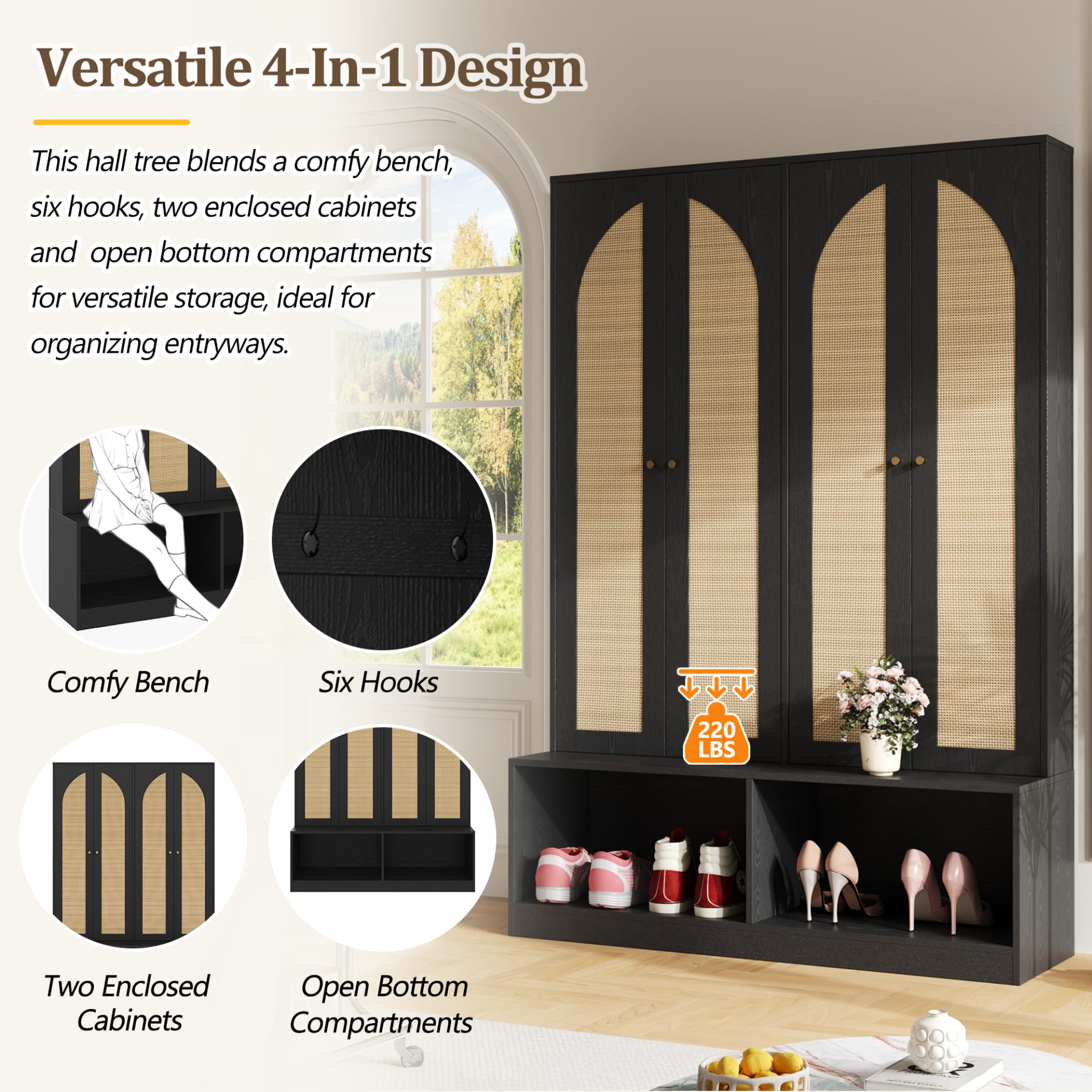 Farmhouse Hall Tree With Rattan Doors, Versatile 4-In-1 Seating Bench With 6 Hooks, Mid-Century Entryway Shoe Cabinet With Shelf For Living Room, Black, 55.1W view 3