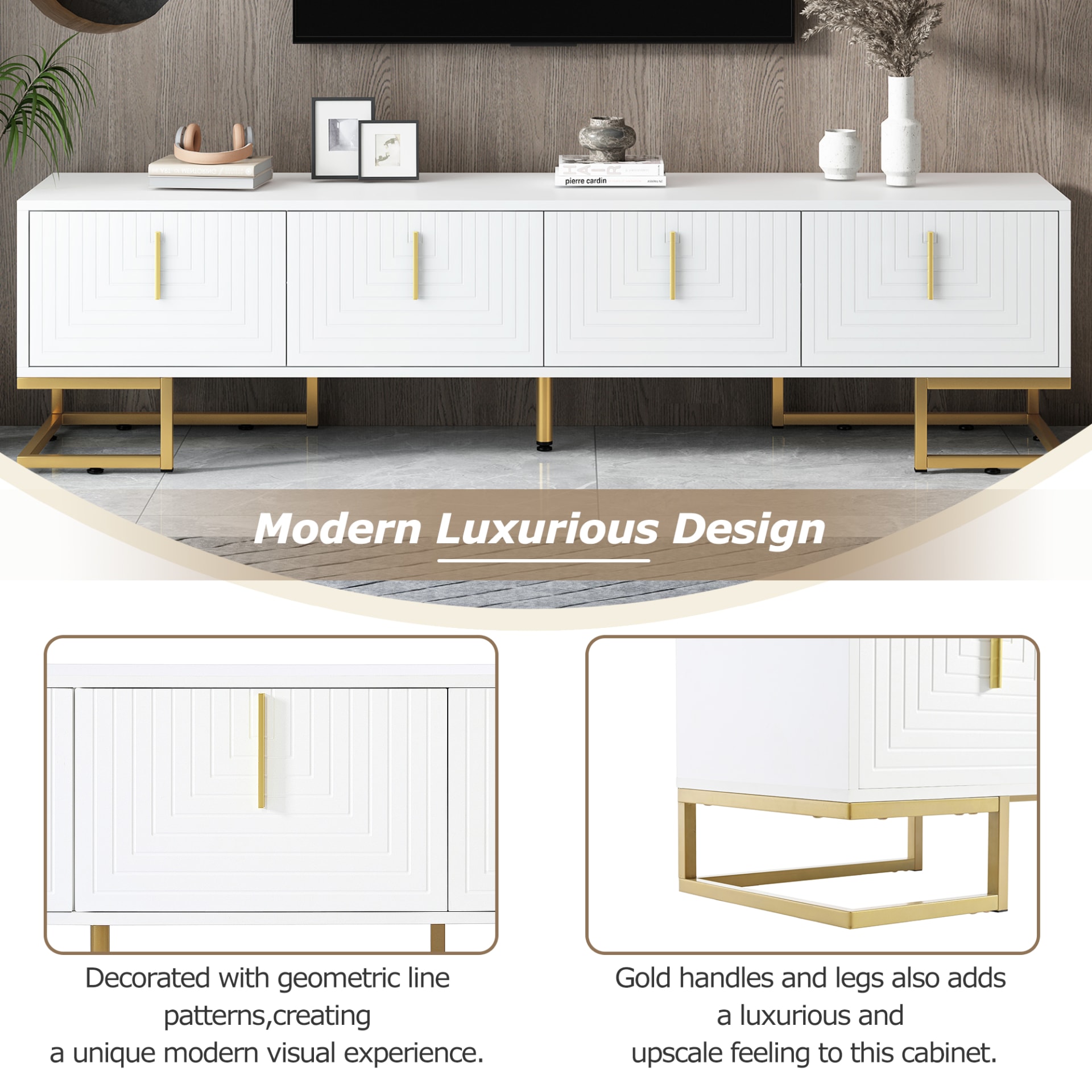 ON-TREND Modern TV Stand With Metal Legs And Gold Handles For TVs Up To 80'', Media Console Table With Cabinets And Adjustable Shelves, Luxury TV Cabinet With Geometric Lines For Living Room, White view 5