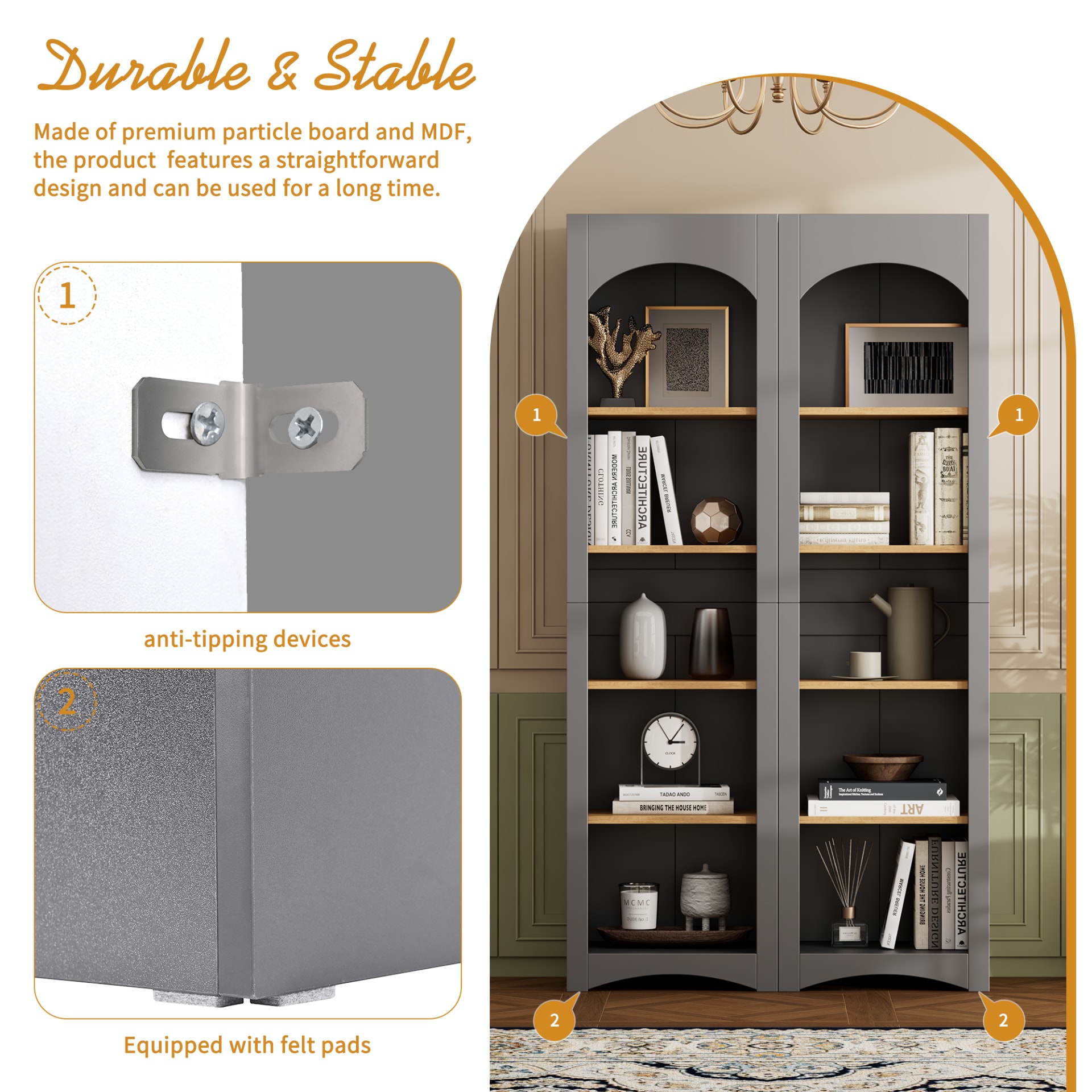 ON-TREND Free Standing 5 Tier Bookshelves, Bookcases Set Of 2, Farmhouse Two-Tone Storage Cabinet With Adjustable Shelves, Modern 72H Kitchen Pantry Cabinet For Living Room, Home Office, Grey view 5
