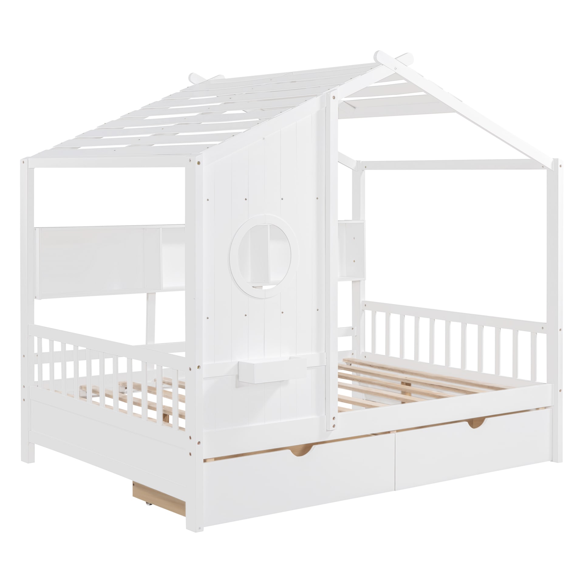 Wooden Full Size House Bed With 2 Drawers,Kids Bed With Storage Shelf, White view 2