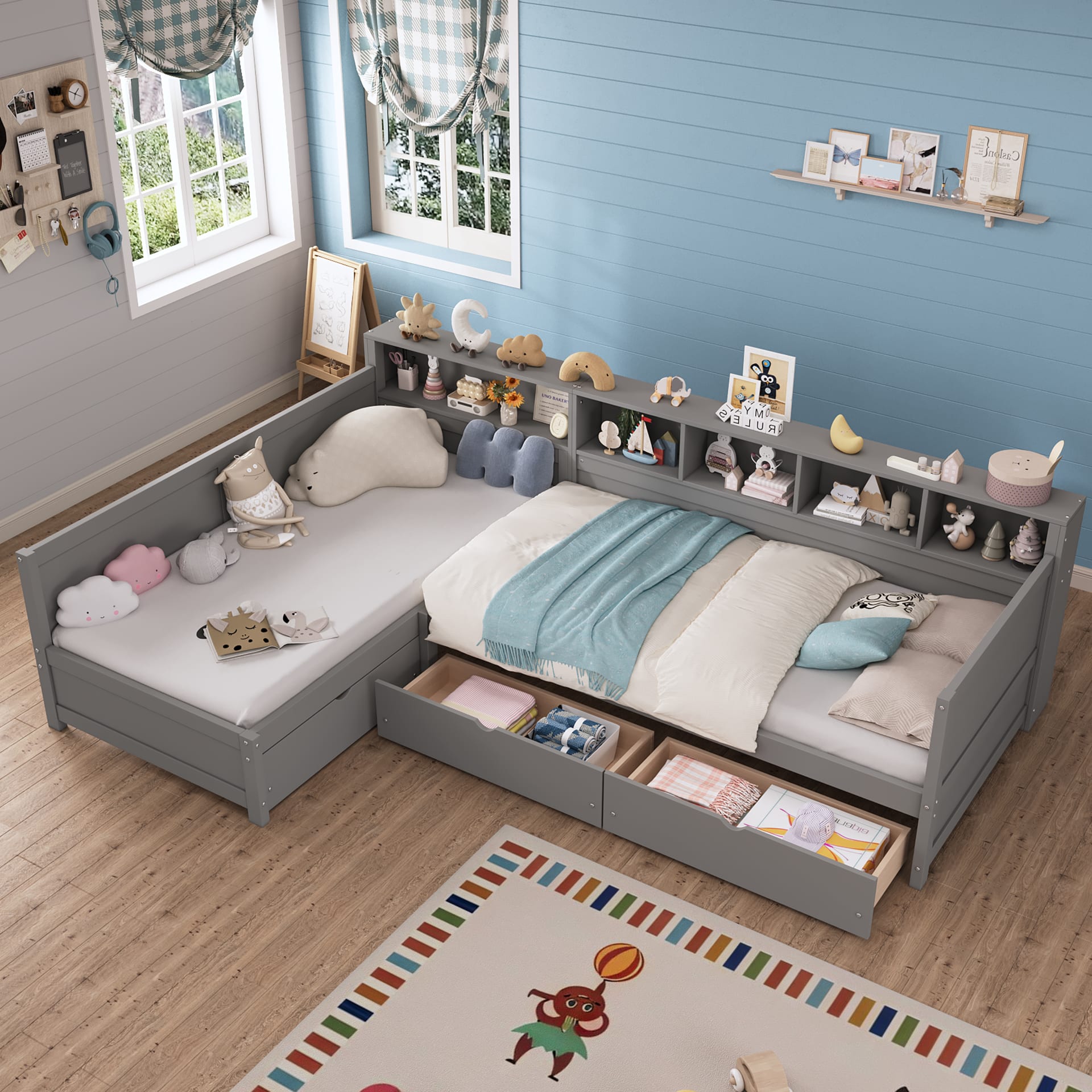 Twin Size Day Bed For 2, L- Shape Twin Size Bed Frame With Storage 3 Drawers,  Wooden Corner Bed With Bookshelf, Corner Bed Frame For Bedroom, Living Room,Grey view 5