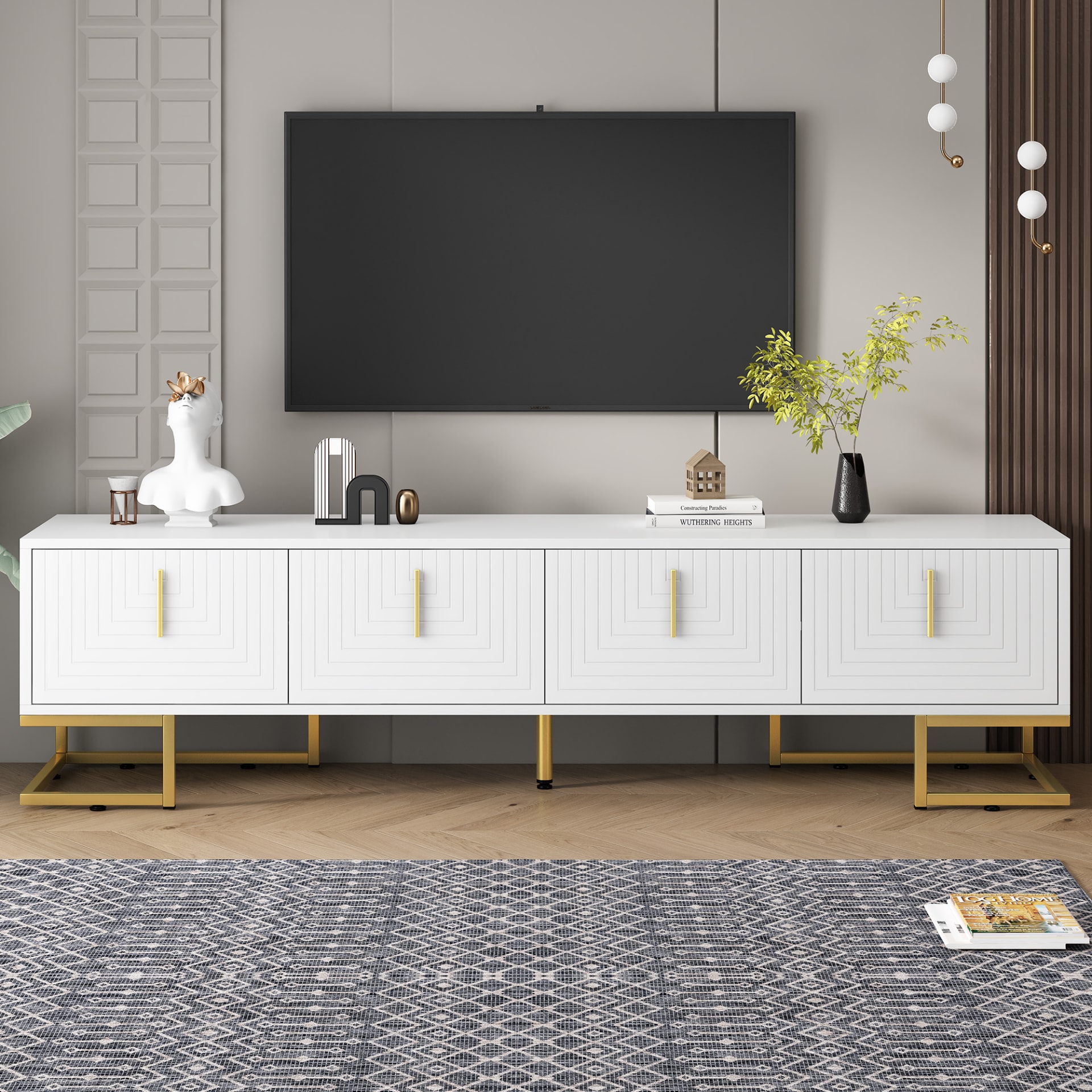 ON-TREND Modern TV Stand With Metal Legs And Gold Handles For TVs Up To 80'', Media Console Table With Cabinets And Adjustable Shelves, Luxury TV Cabinet With Geometric Lines For Living Room, White view 4