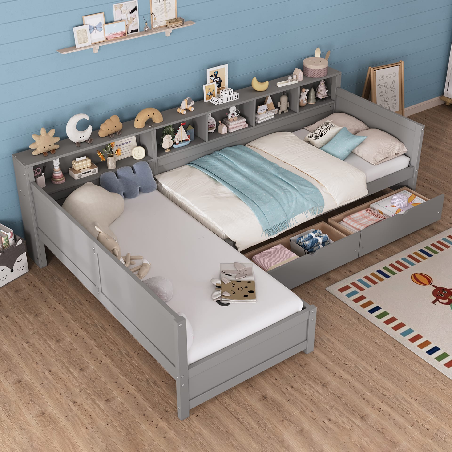 Twin Size Day Bed For 2, L- Shape Twin Size Bed Frame With Storage 3 Drawers,  Wooden Corner Bed With Bookshelf, Corner Bed Frame For Bedroom, Living Room,Grey view 4