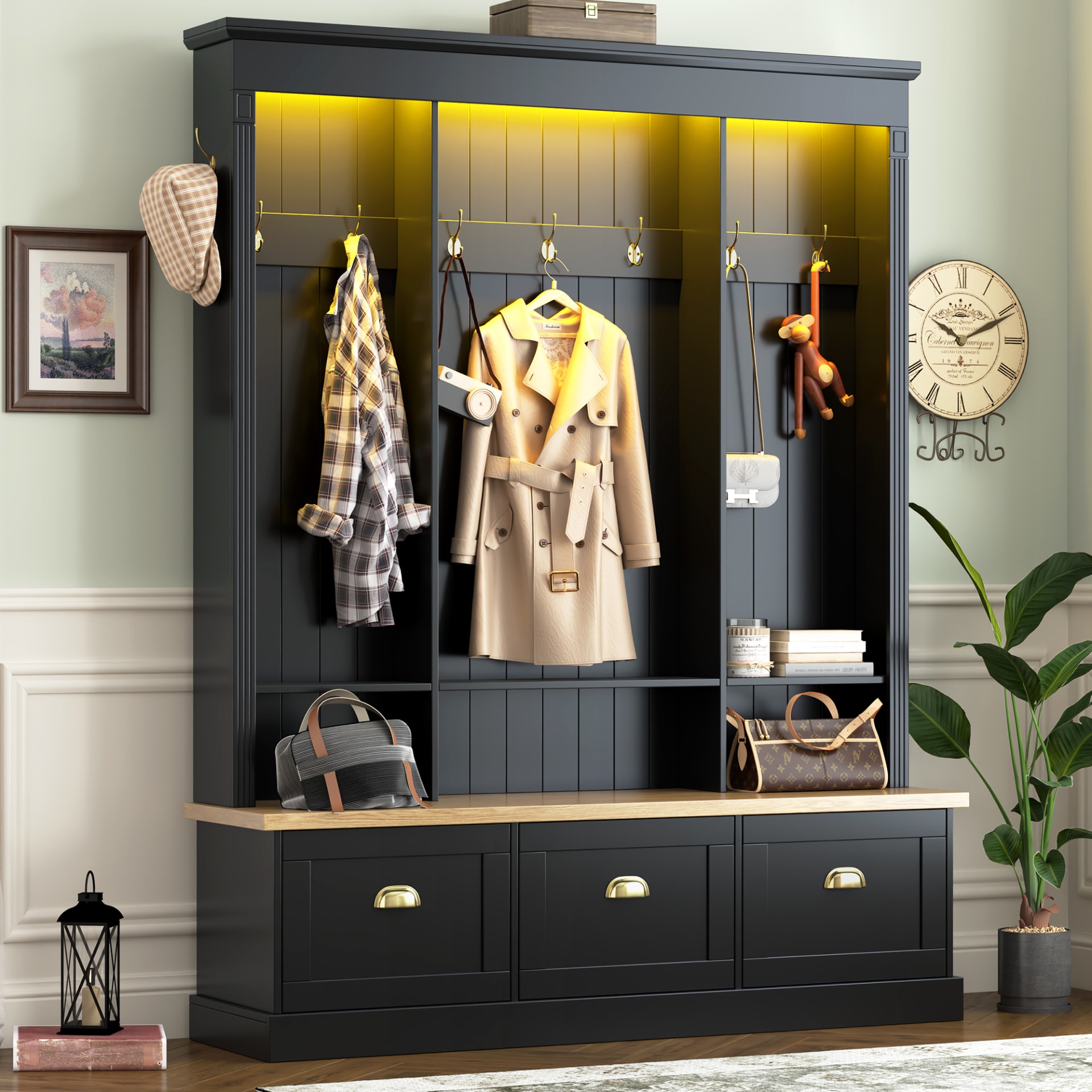 Elegant APP Controlled LED Light Hall Tree With 9 Hooks, Roman Column Design Natural Storage Bench With 3 Large Cabinets, Farmhouse Entryway Organizer With Shelves For Hallway, Black view 1