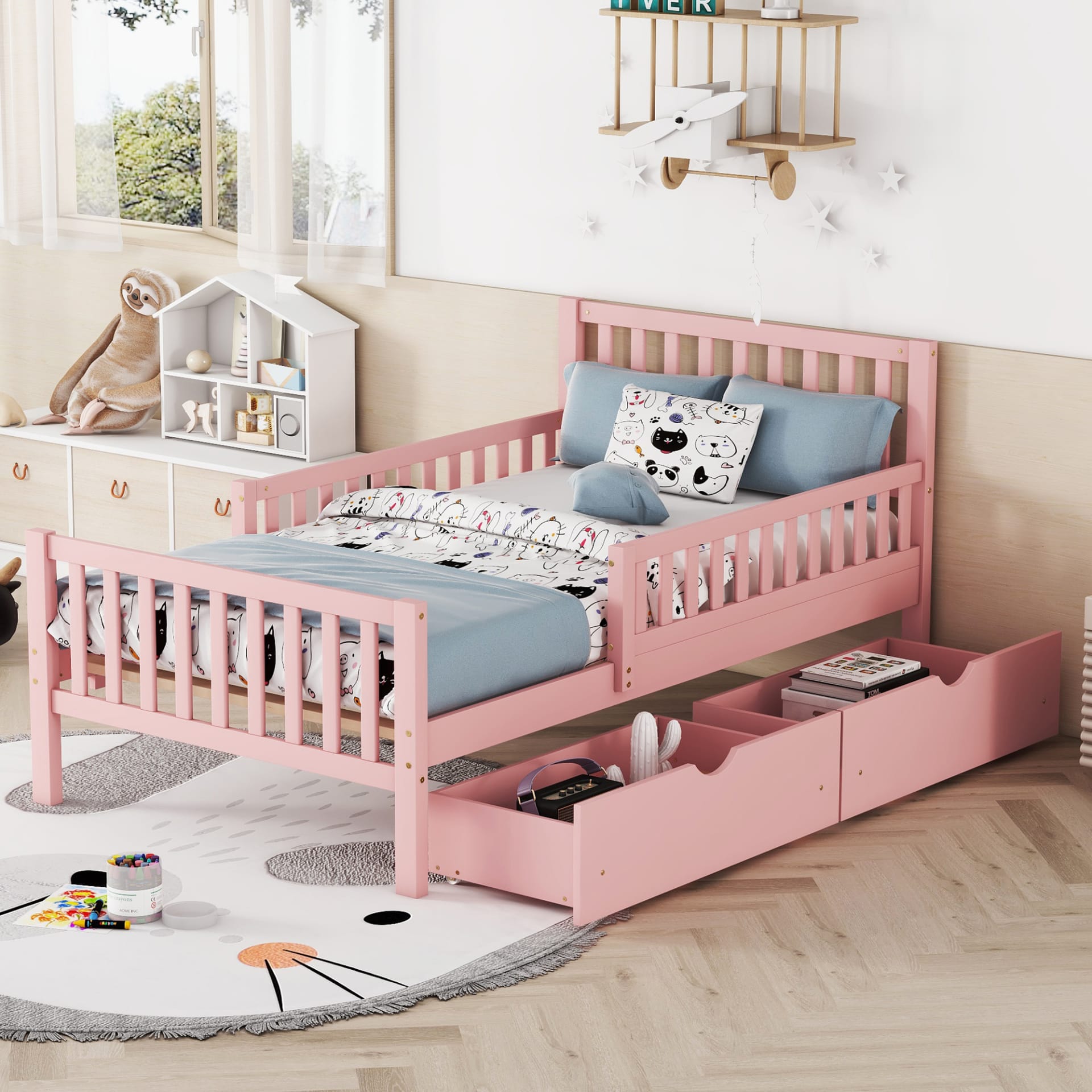 Twin Size Wood Platform Bed With Guardrails On Both Sides And Two Storage Drawers ,Pink view 1