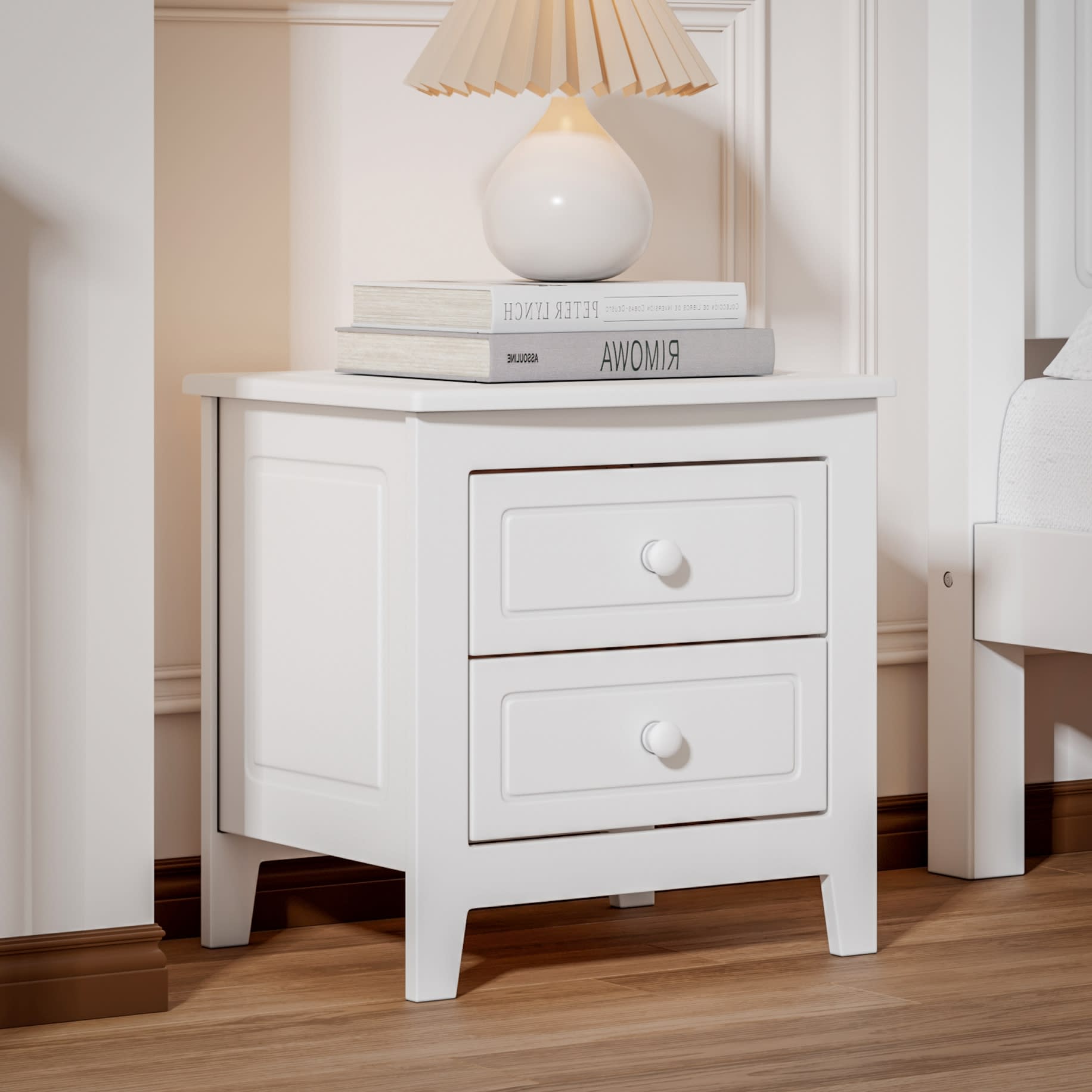 2-Drawer Nightstand For Bedroom, Mid Century Retro Bedside Table With Classic Design,White view 5