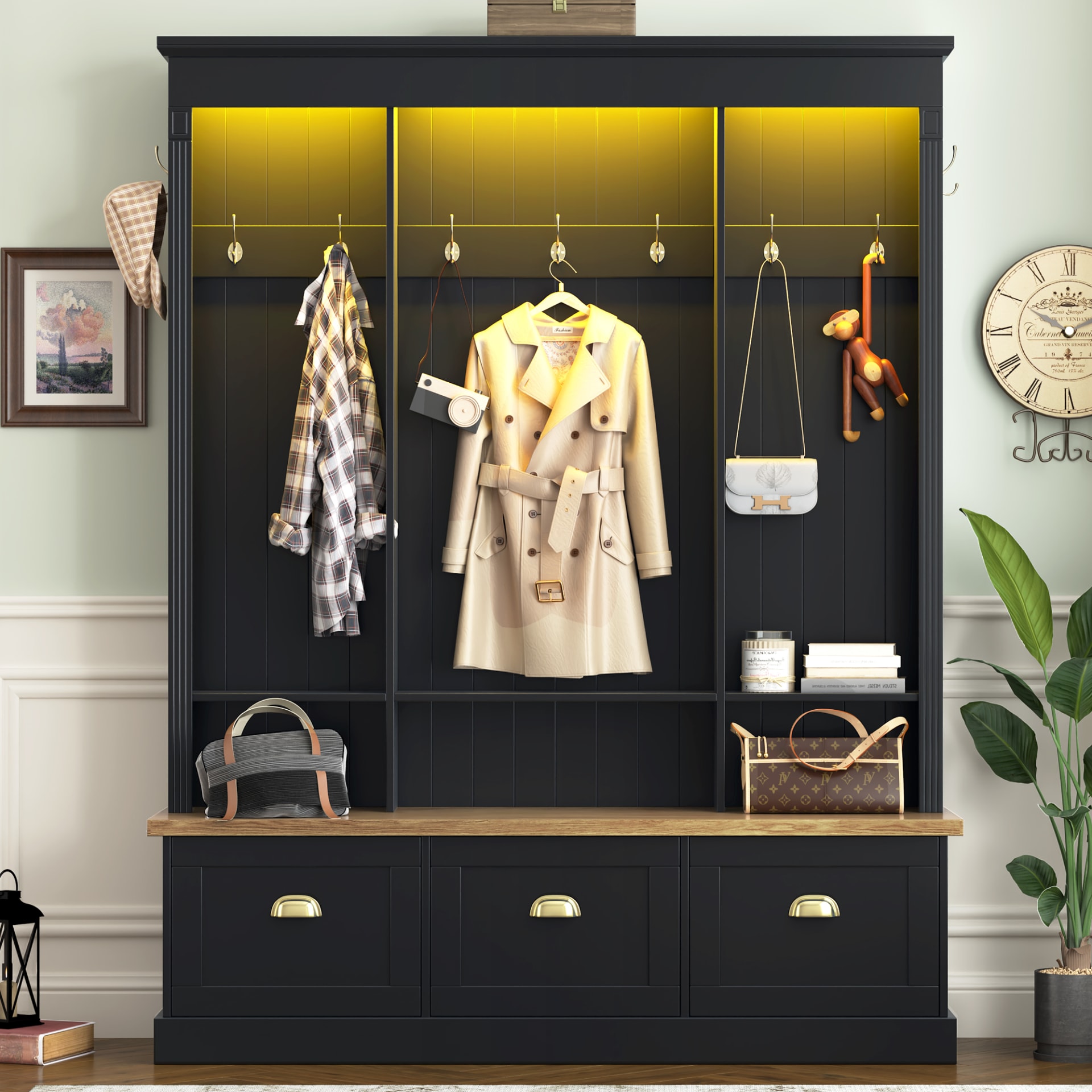 Elegant APP Controlled LED Light Hall Tree With 9 Hooks, Roman Column Design Natural Storage Bench With 3 Large Cabinets, Farmhouse Entryway Organizer With Shelves For Hallway, Black view 5